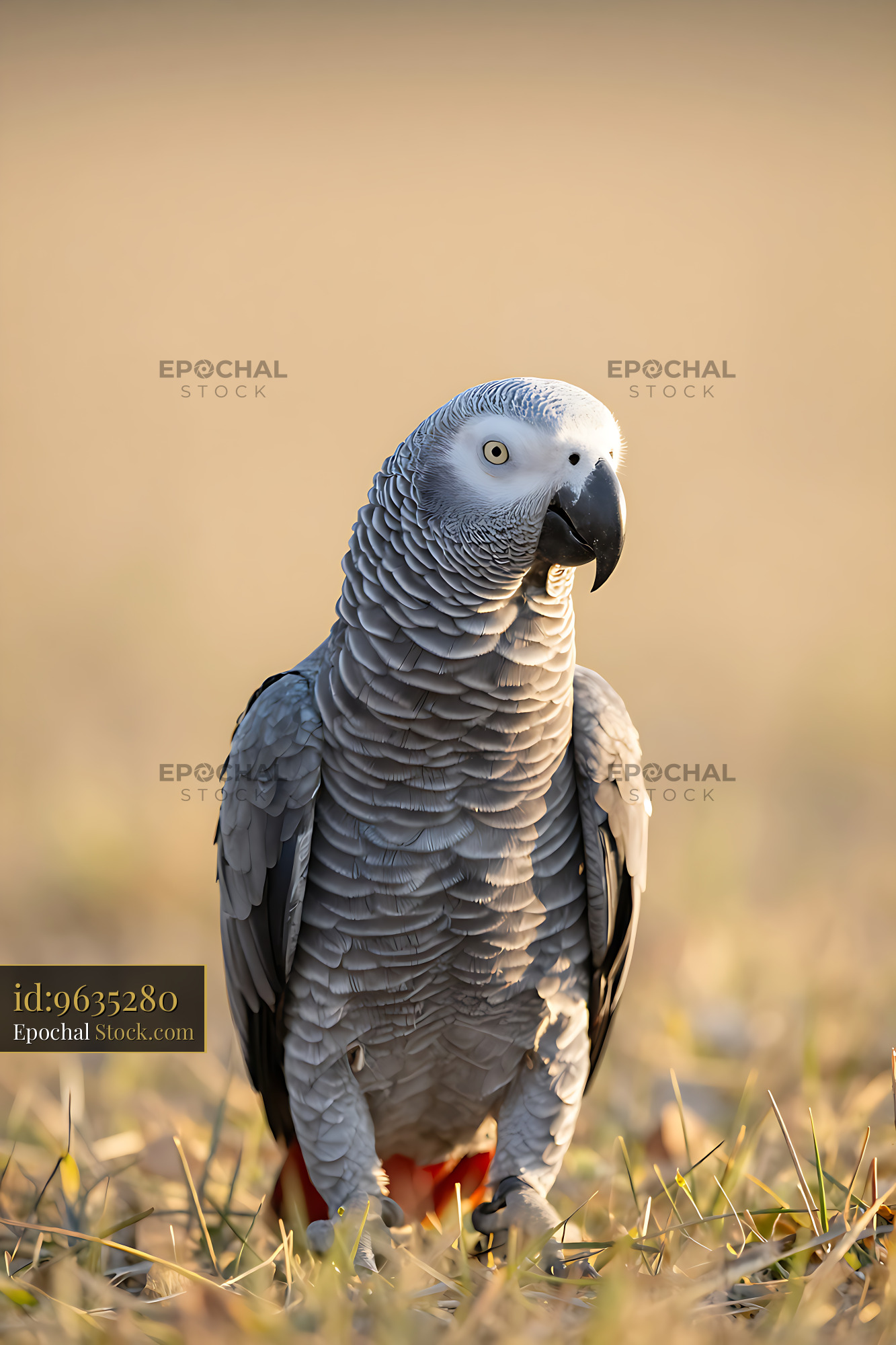 African grey parrot standing in dry grass during golden hour - stock photo