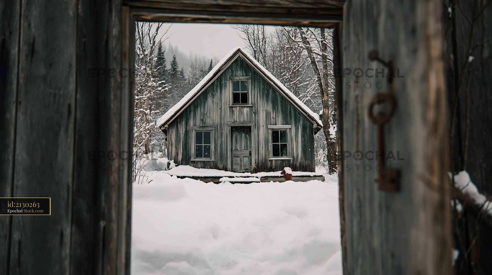Snow covered empty cabin in a winter forest seen through an open door - stock photo