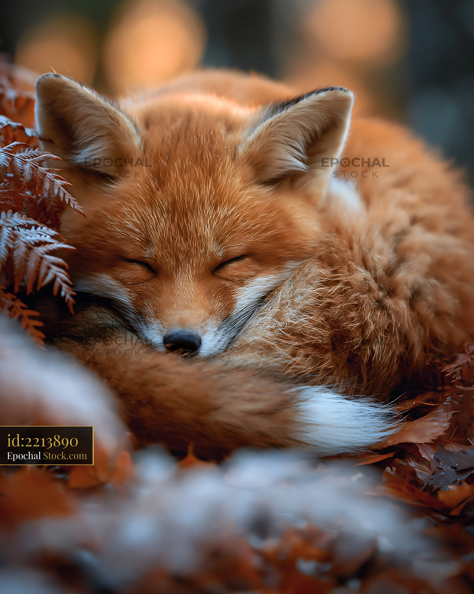 Red fox sleeping curled up in autumn forest leaves - stock photo