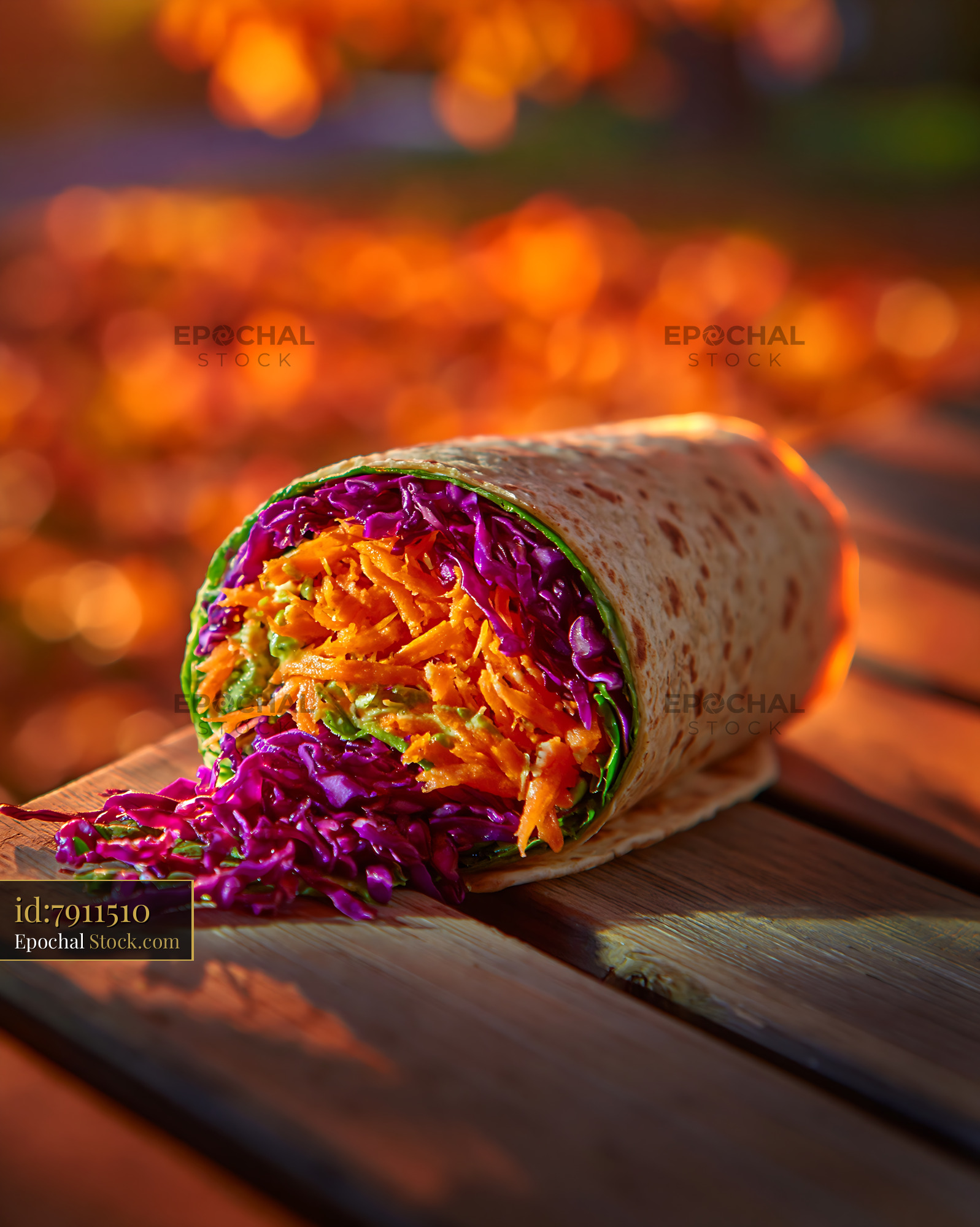 Healthy vegetable wrap with red cabbage and carrots at golden hour - stock photo