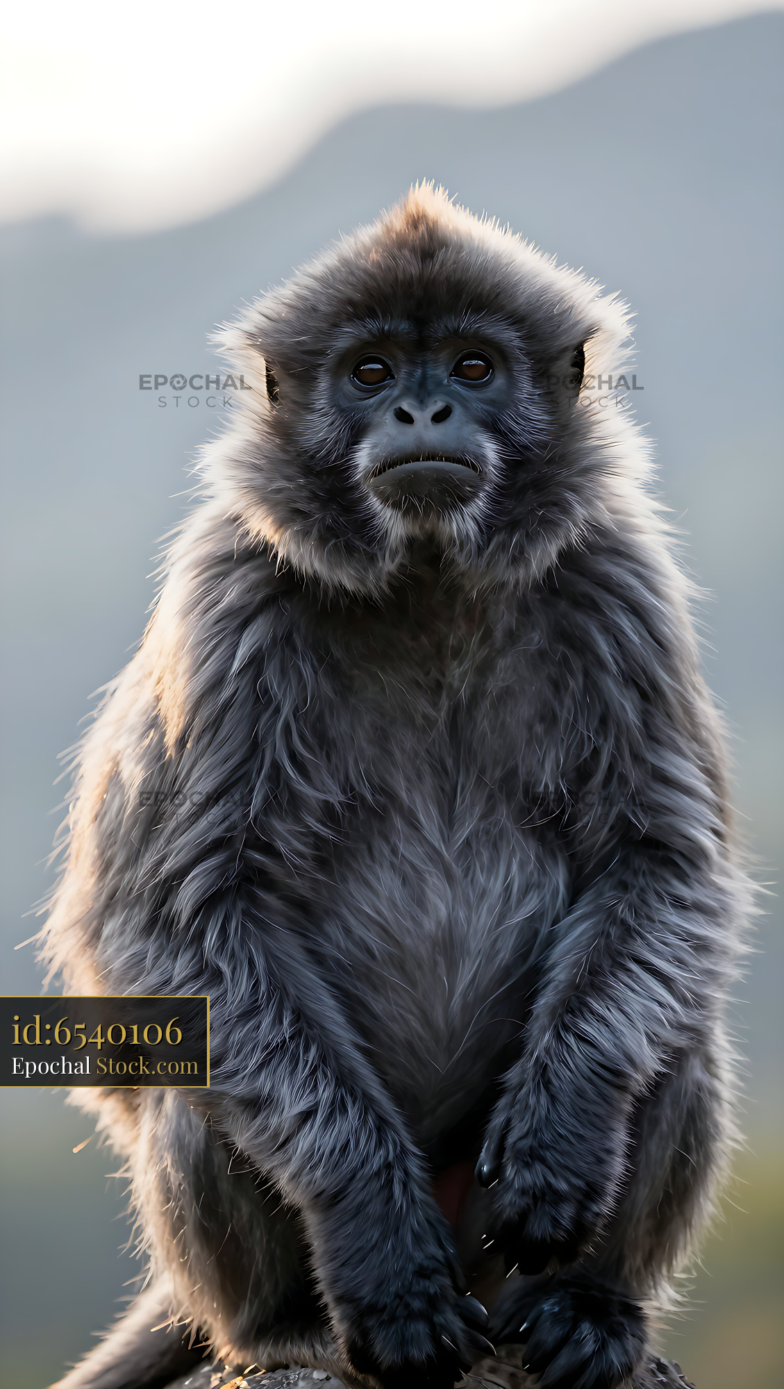 Woolly monkey with thick grey fur looking at camera during sunset - stock photo