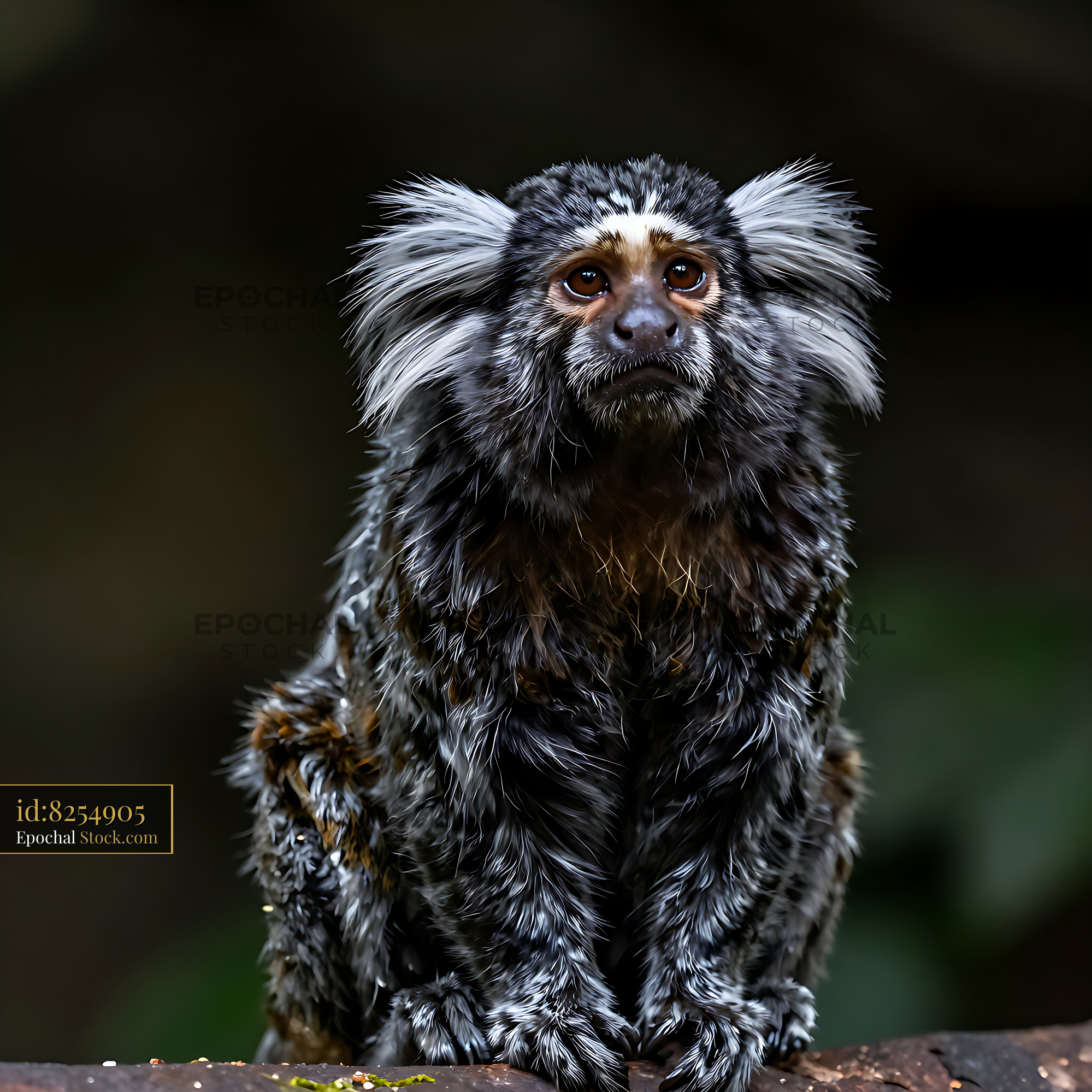 Common marmoset with white ear tufts sitting on a branch in the wild - stock photo