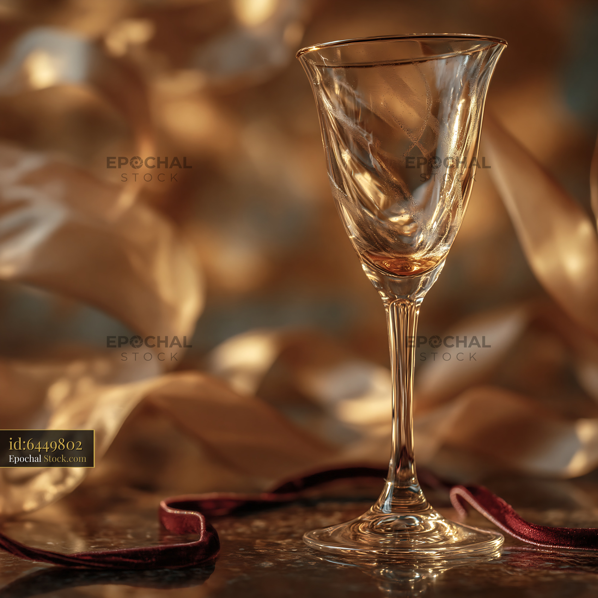 Empty crystal champagne glass with golden ribbons after a celebration - stock photo