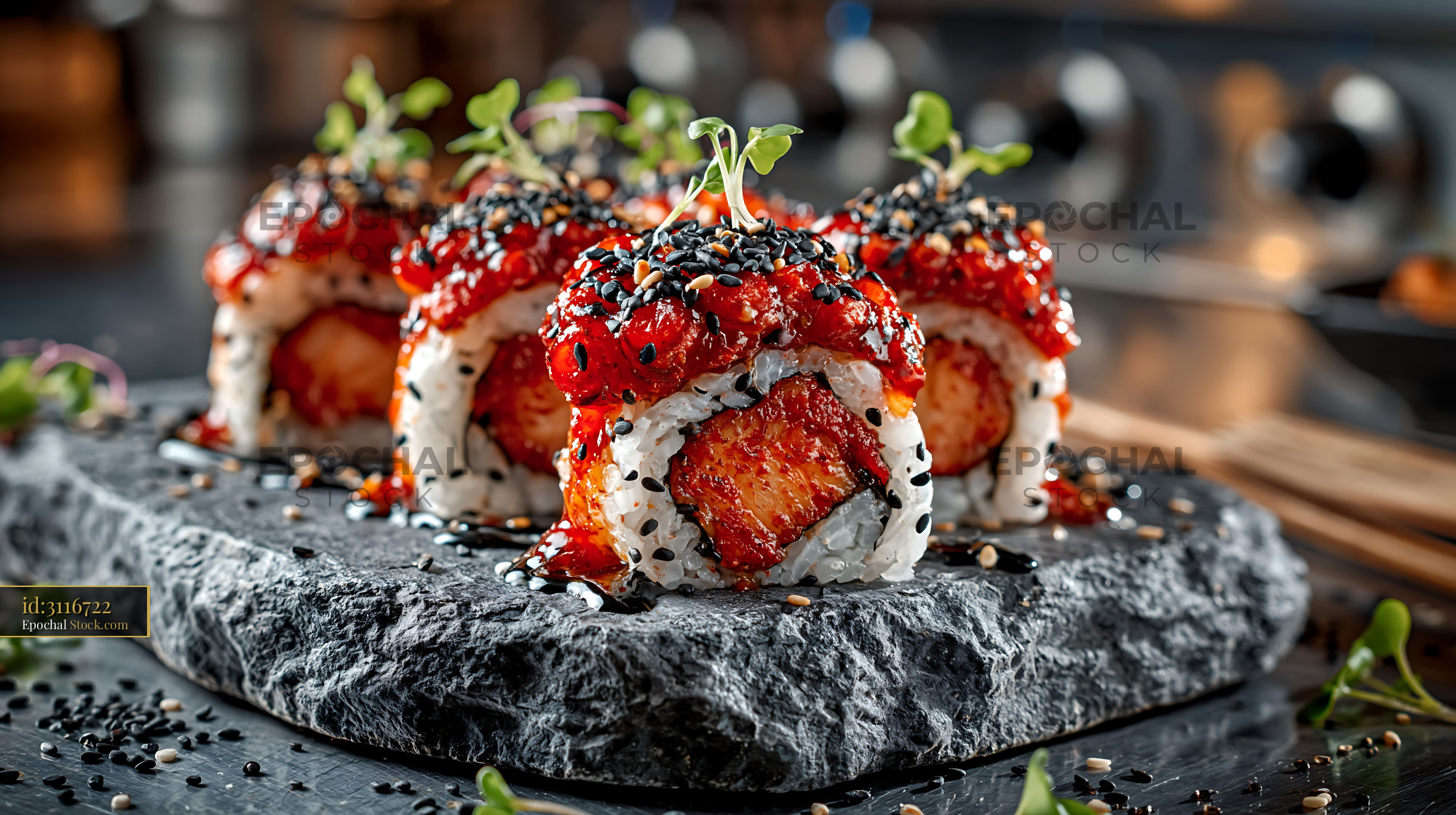 Gourmet kimchi fusion maki sushi rolls served on a dark stone plate - stock photo