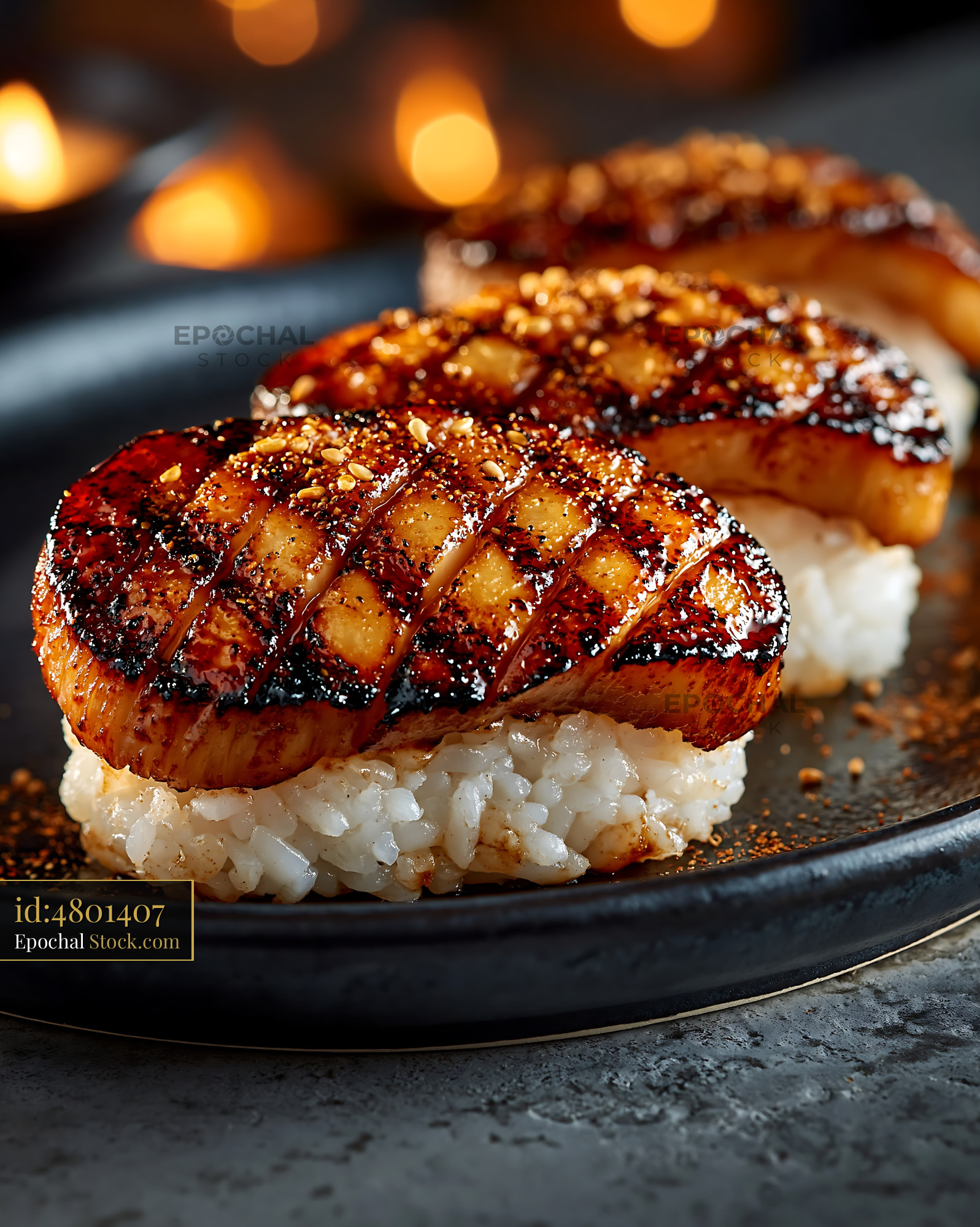 Gourmet king oyster mushroom sushi seared with savory glaze - stock photo