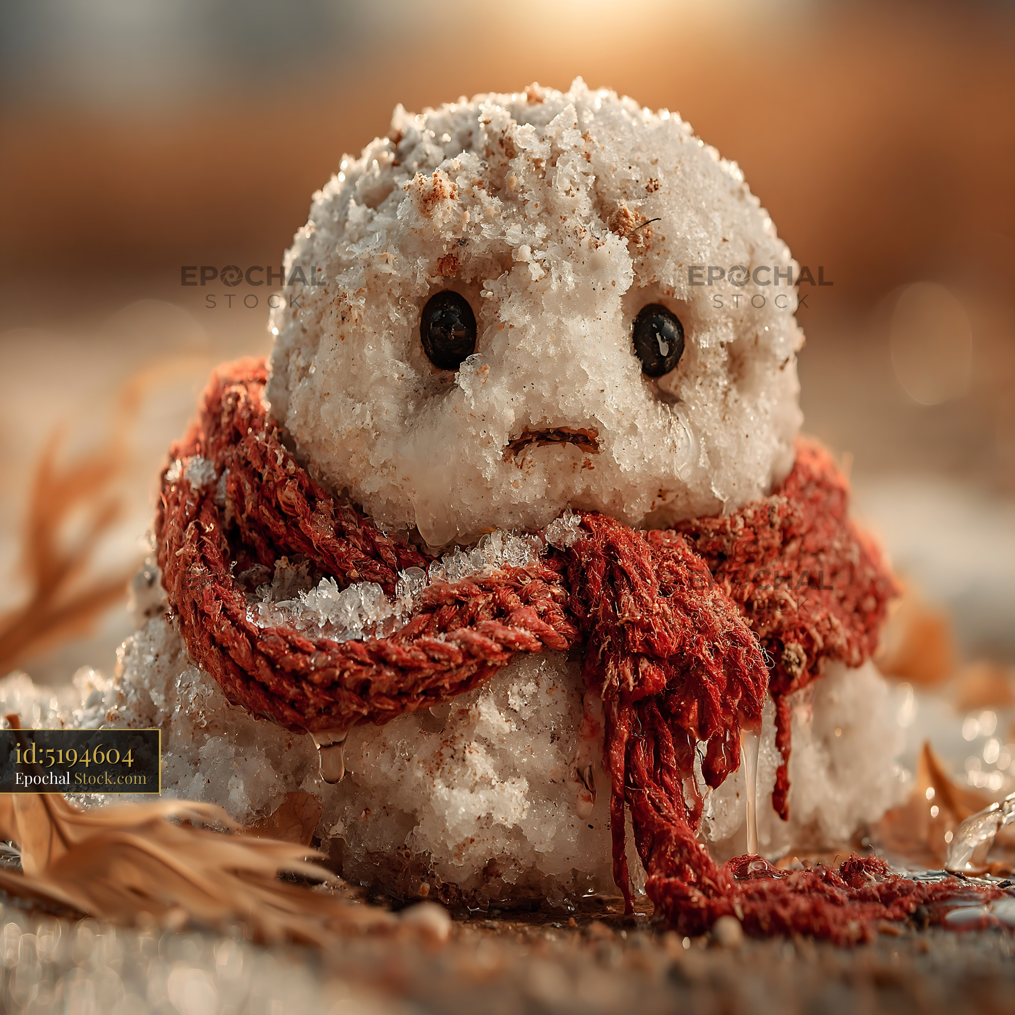 Small melting snowman with red scarf in the warm spring sun - stock photo