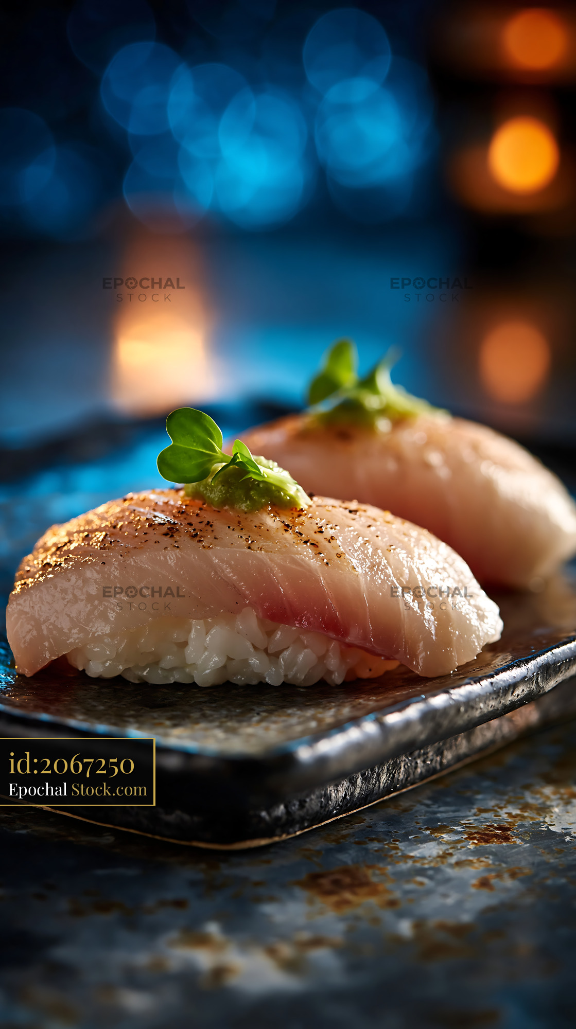 Two pieces of gourmet yuzu kosho yellowtail sushi on a dark plate - stock photo