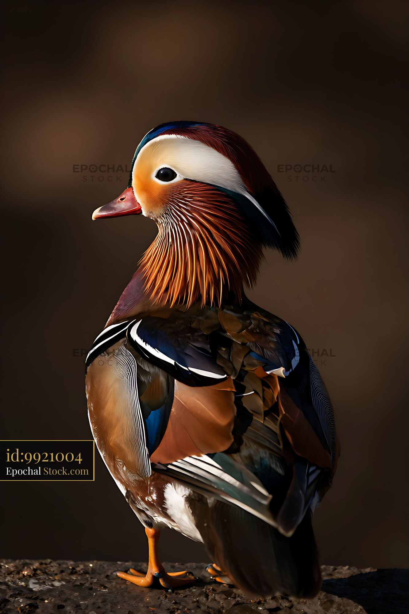 Male mandarin duck with vibrant plumage standing against dark backgrou - stock photo