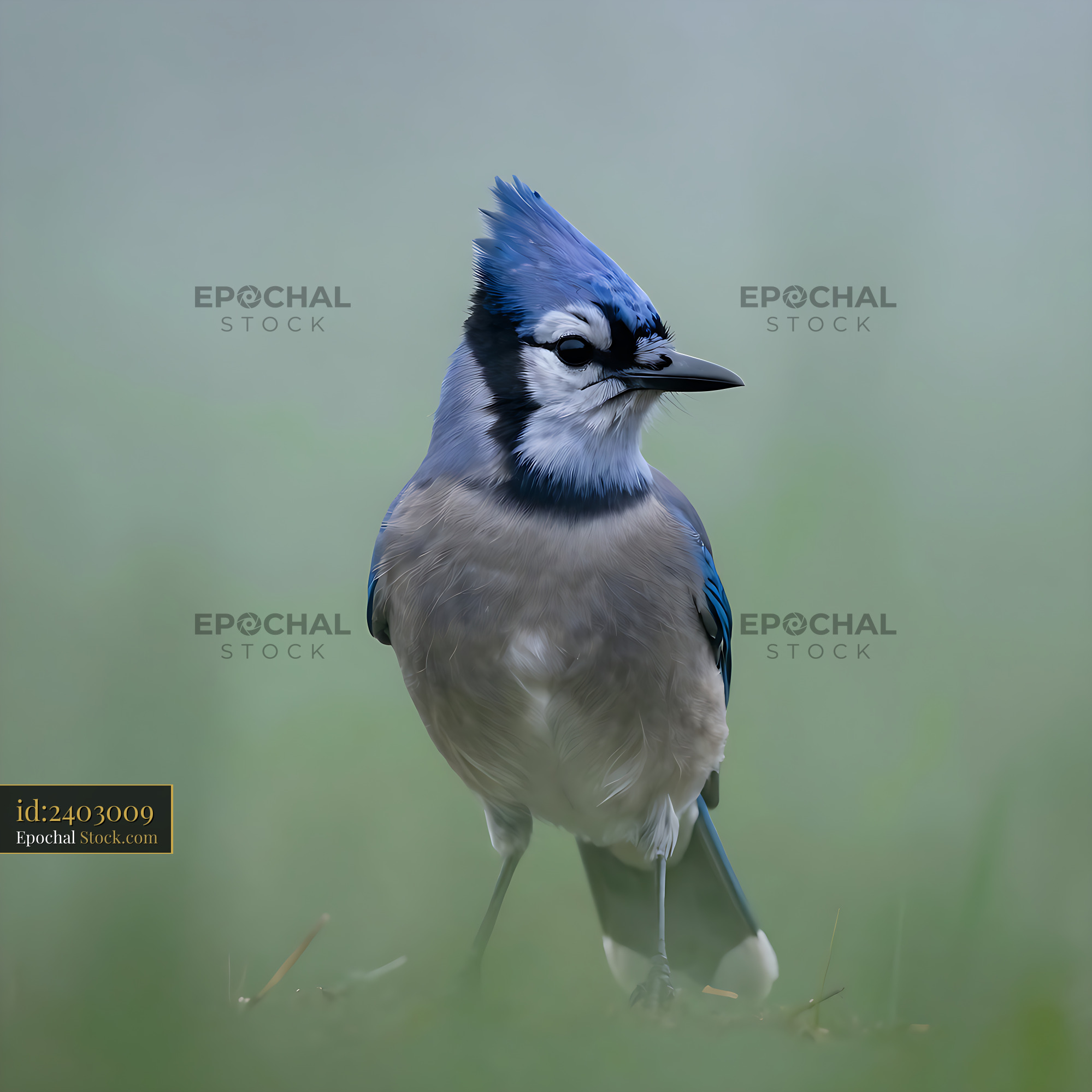 Blue jay with a prominent crest standing in a misty green meadow - stock photo