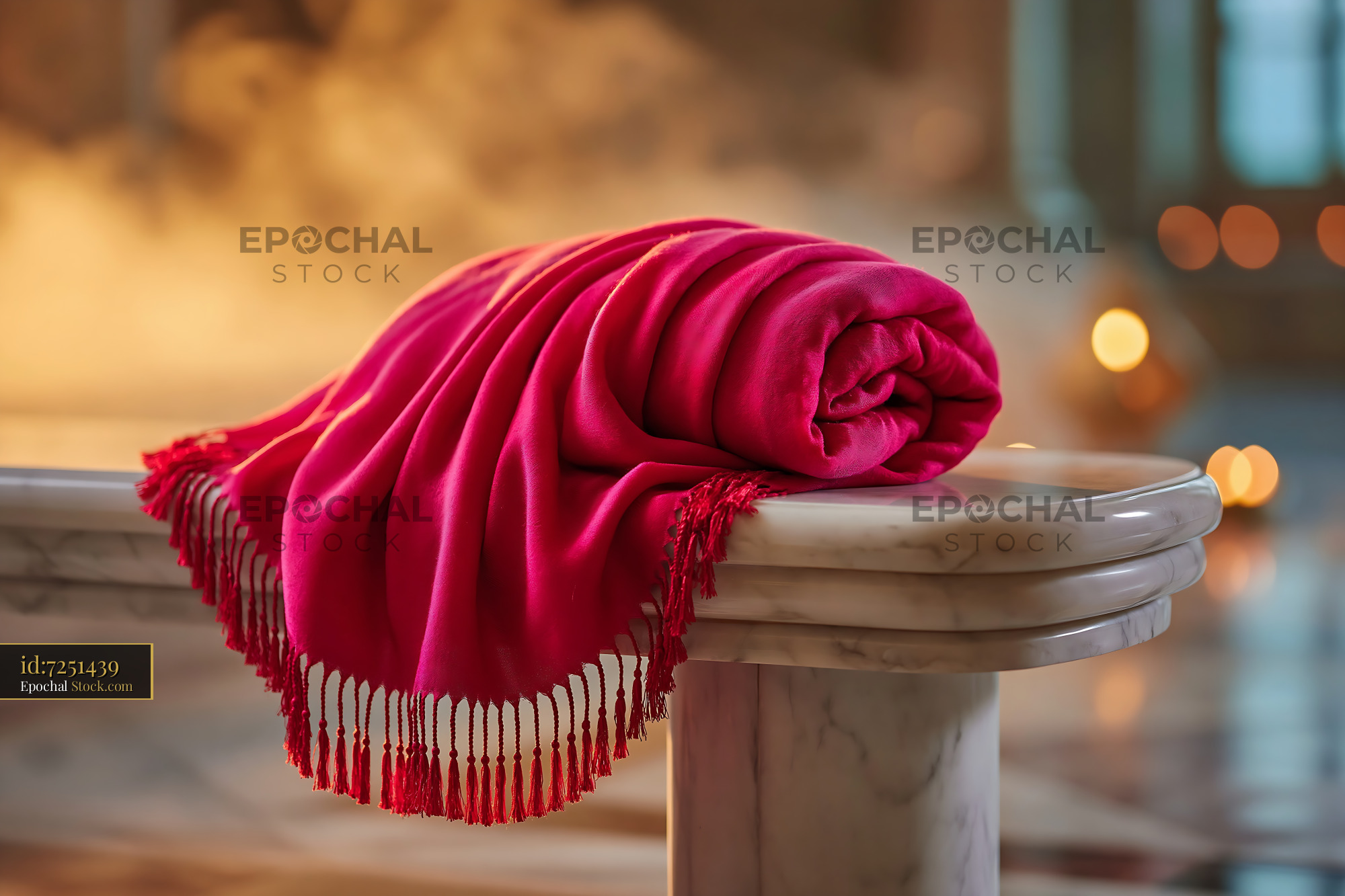 Vibrant pink cashmere throw on marble bench in a steamy spa setting - stock photo