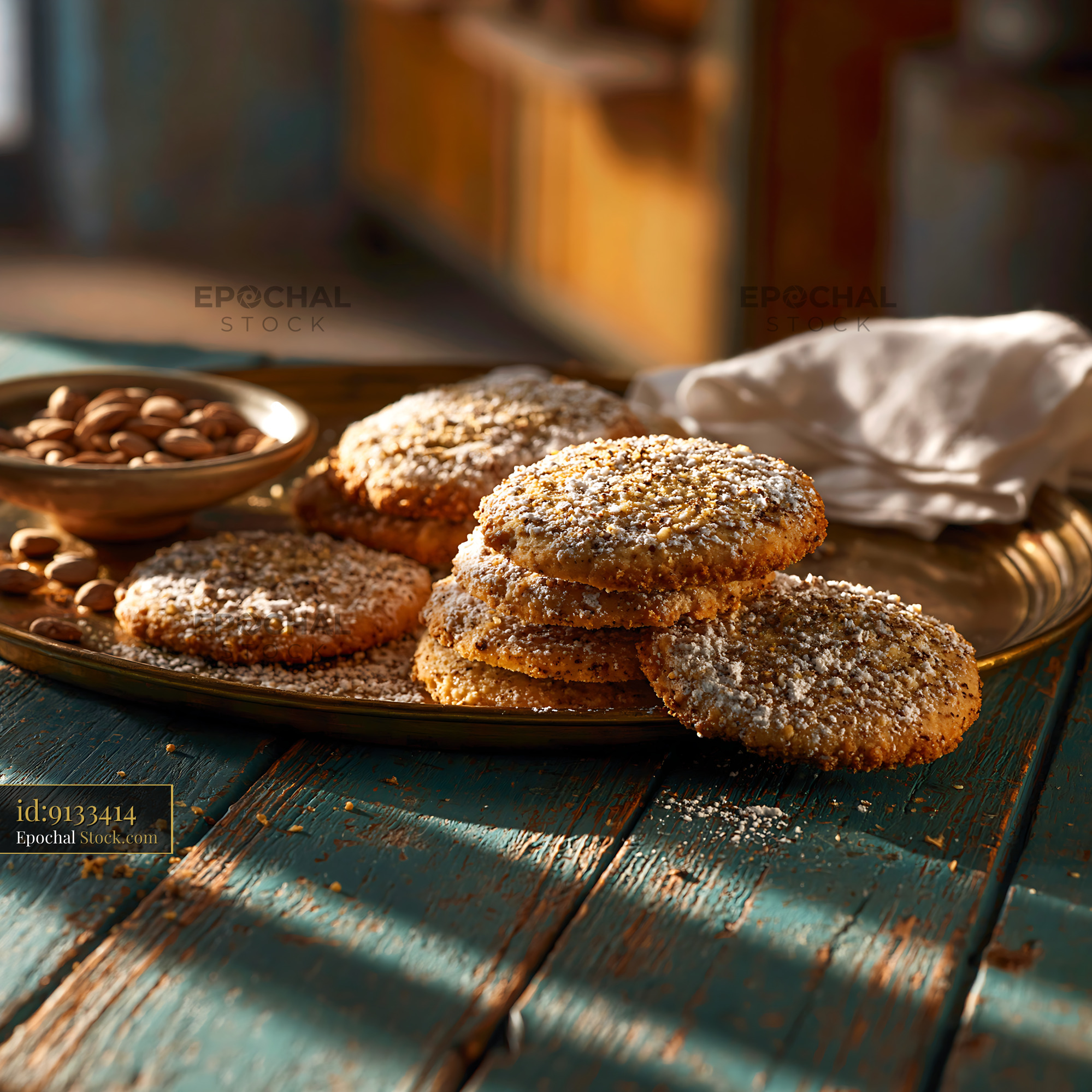 Homemade mahlab spice biscuits dusted with sugar on a rustic table - stock photo