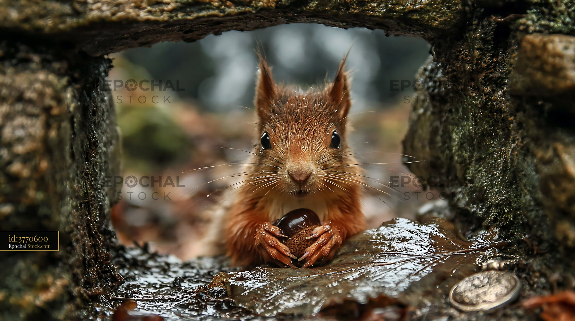 Red squirrel with nut looking through stone opening on wet leaf - stock photo