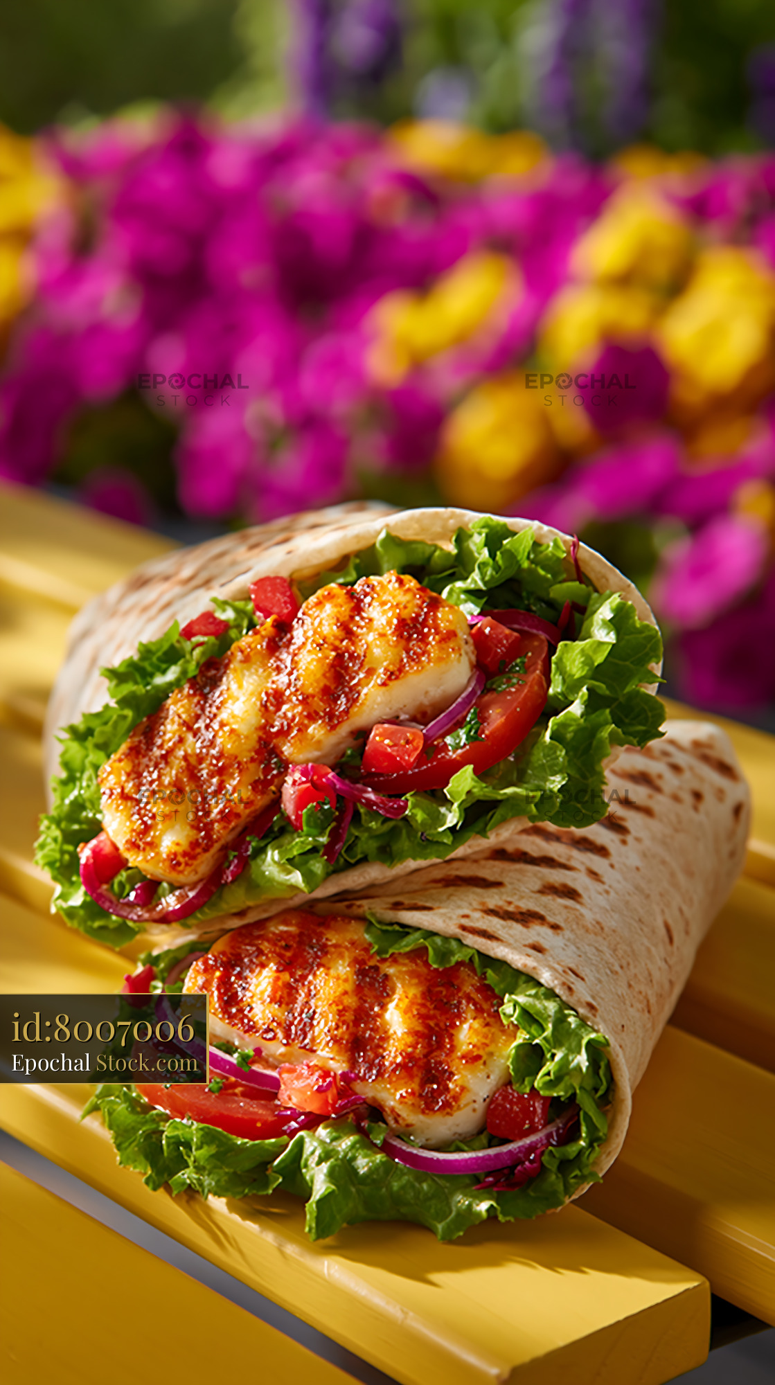 Grilled halloumi wrap on a yellow park bench in a sunny garden - stock photo
