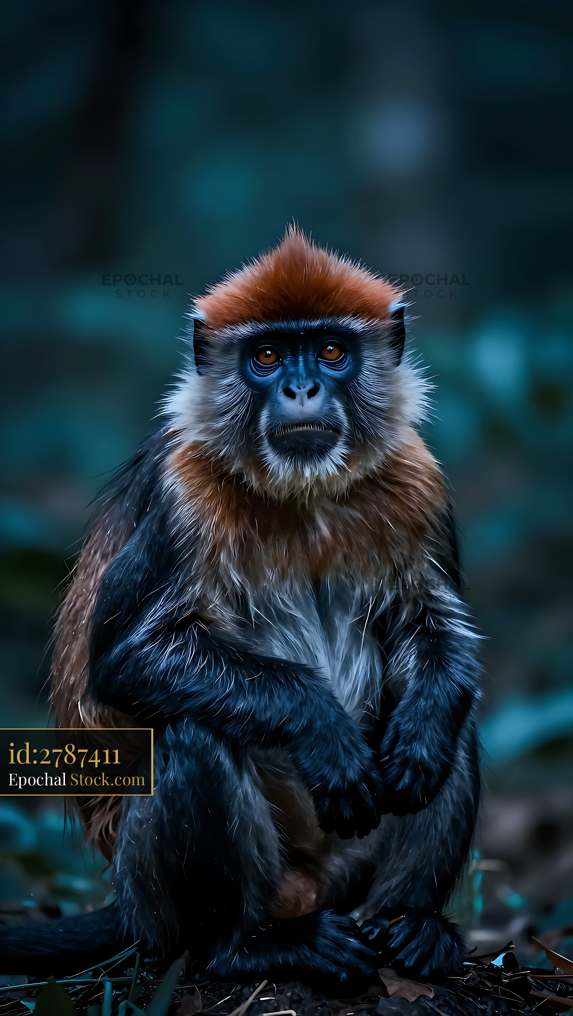 Red colobus monkey sitting in a dark forest looking at camera - stock photo