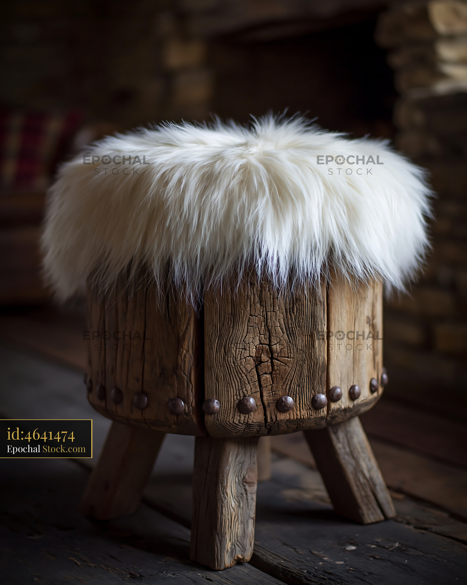 Rustic wooden stool with white faux fur throw in a cozy cabin - stock photo
