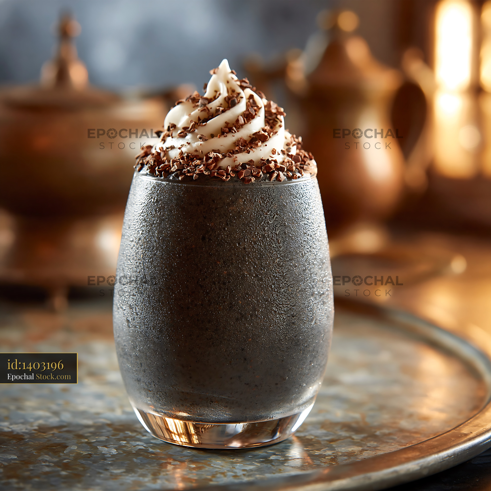 Black bean smoothie with whipped cream and chocolate on a rustic tray - stock photo
