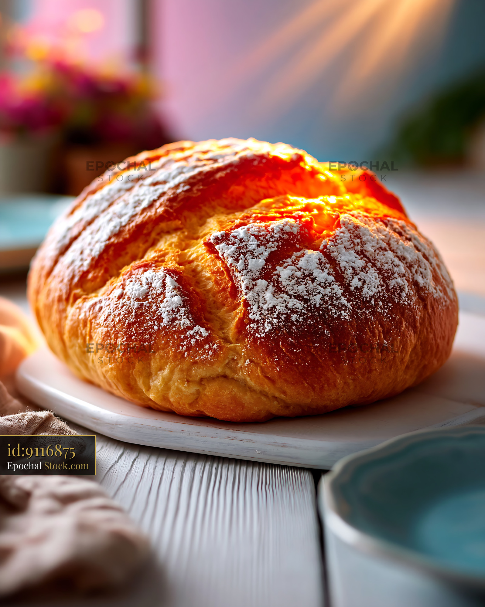 Salt rising German bread with powdered sugar in warm morning light - stock photo