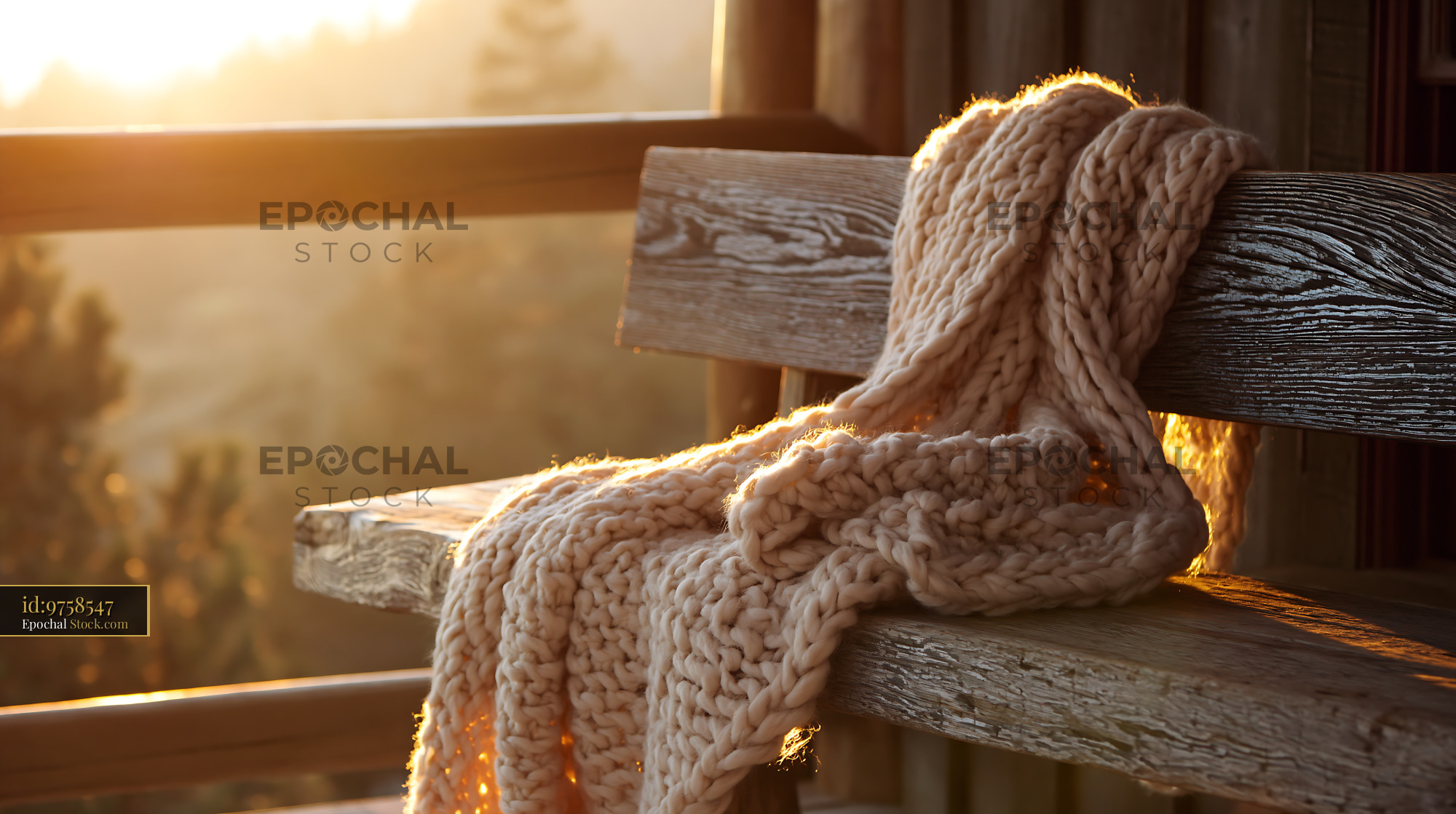 Chunky knit throw on rustic wooden bench during golden hour - stock photo