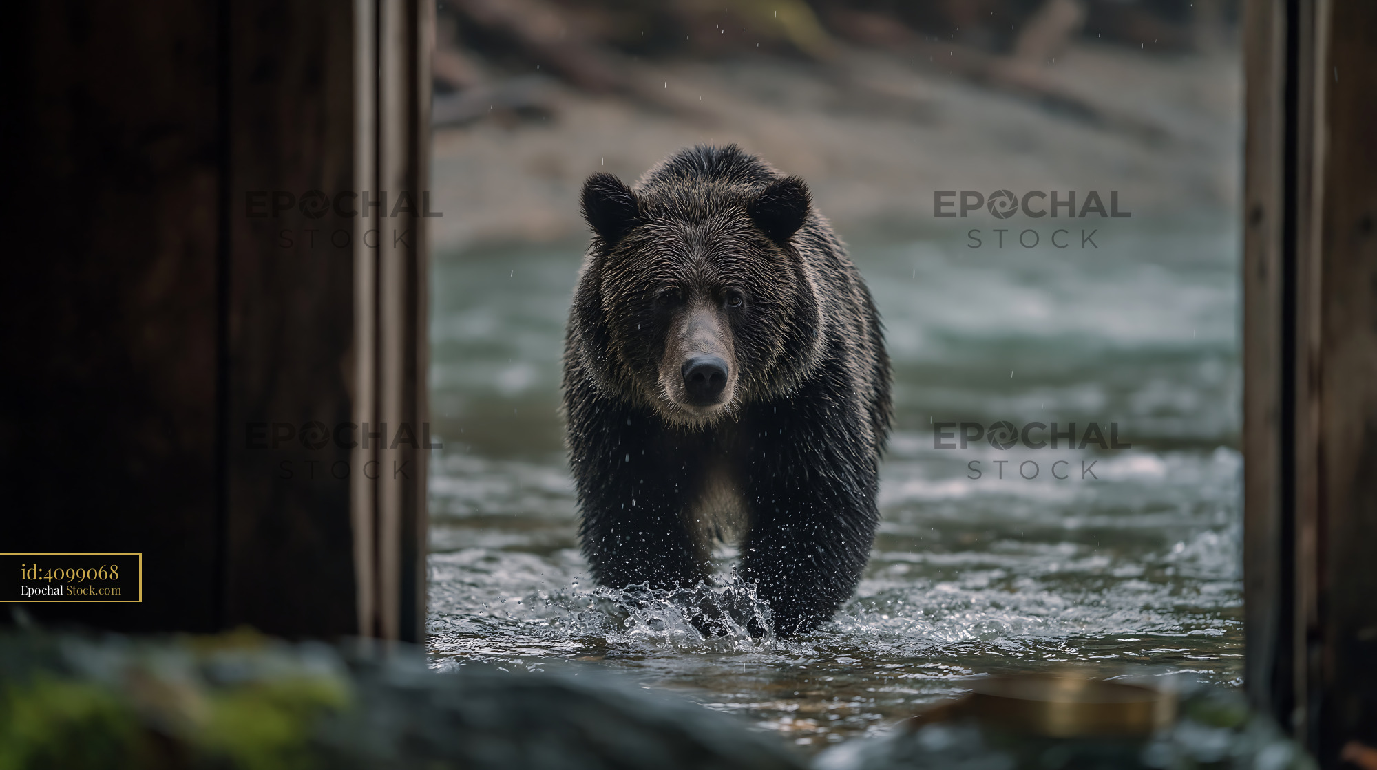 Grizzly bear wading through a forest river with water splashing - stock photo