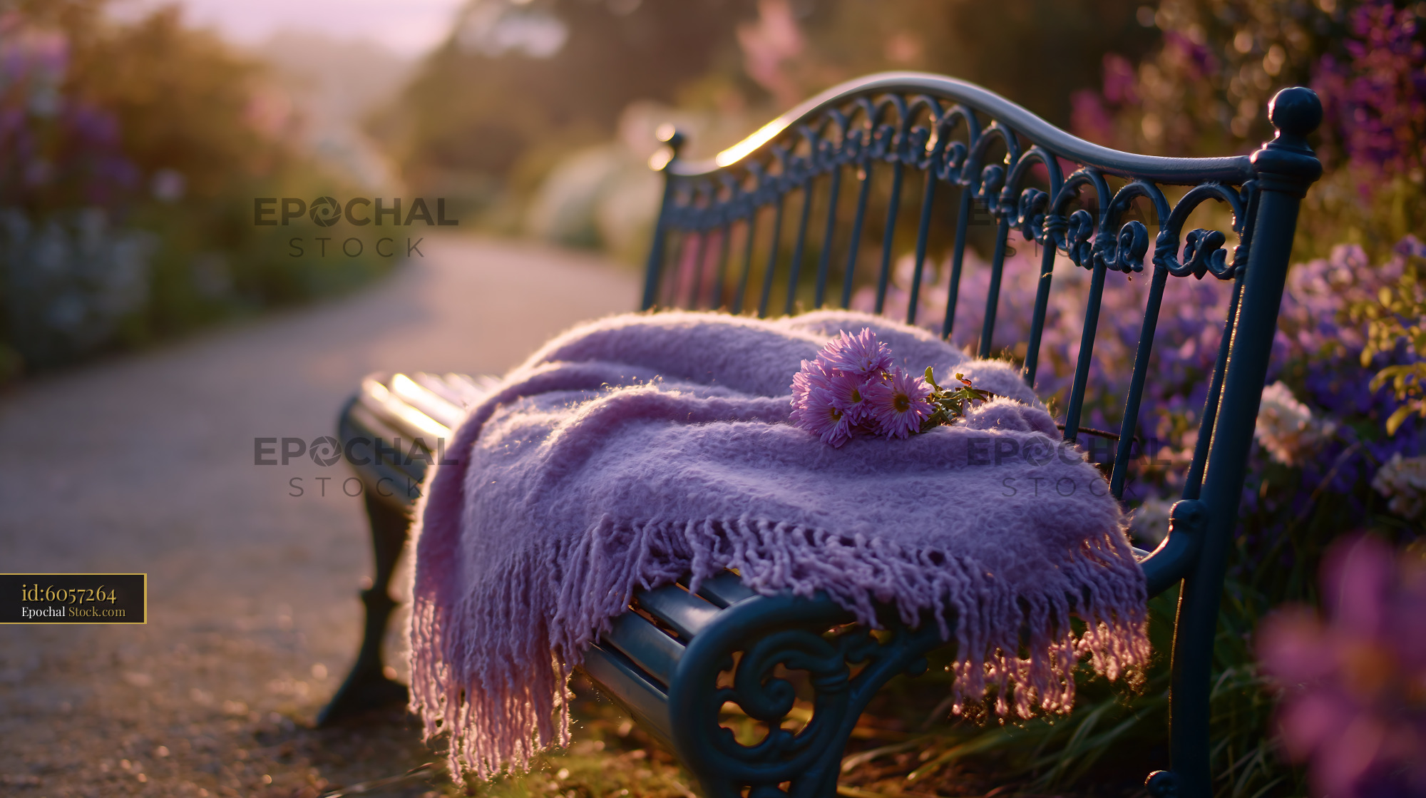 Purple cashmere throw on an ornate park bench at sunset - stock photo