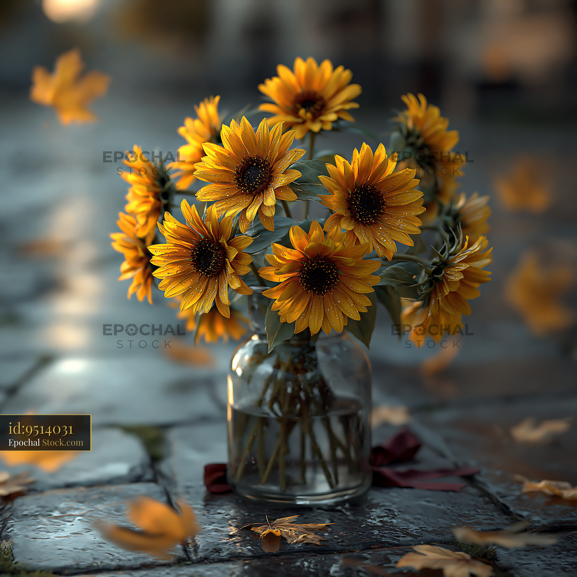 Vibrant sunflower bouquet in a glass vase on wet autumn pavement - stock photo