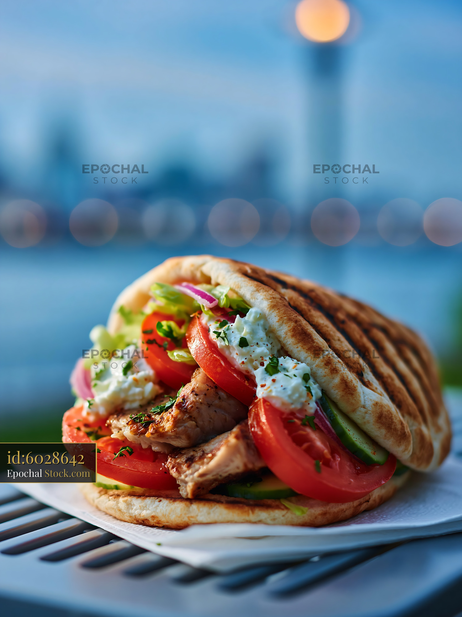 Grilled chicken pita wrap on a park bench with city skyline at dusk - stock photo