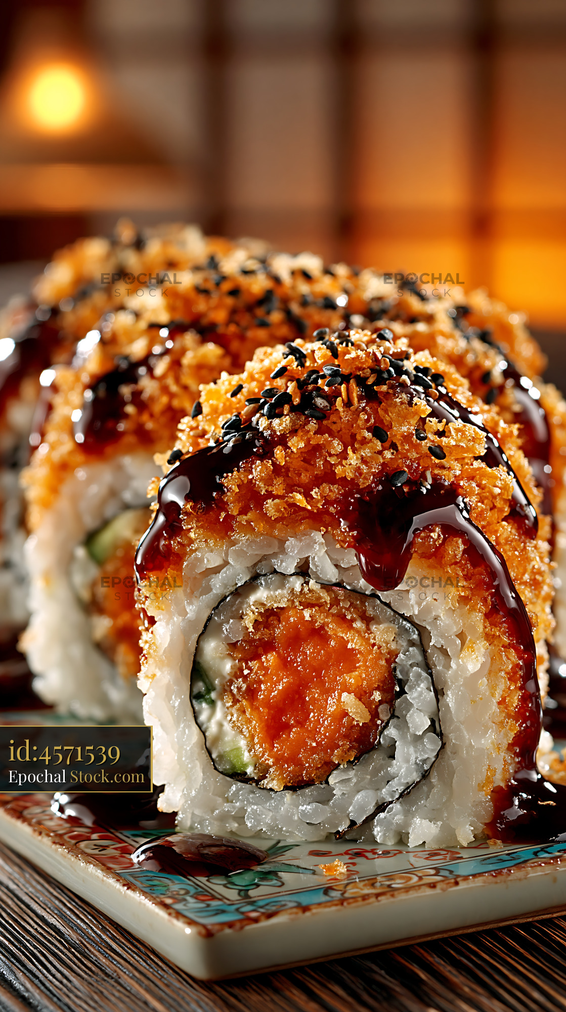 Crispy sweet potato crunch sushi rolls with unagi sauce and sesame - stock photo