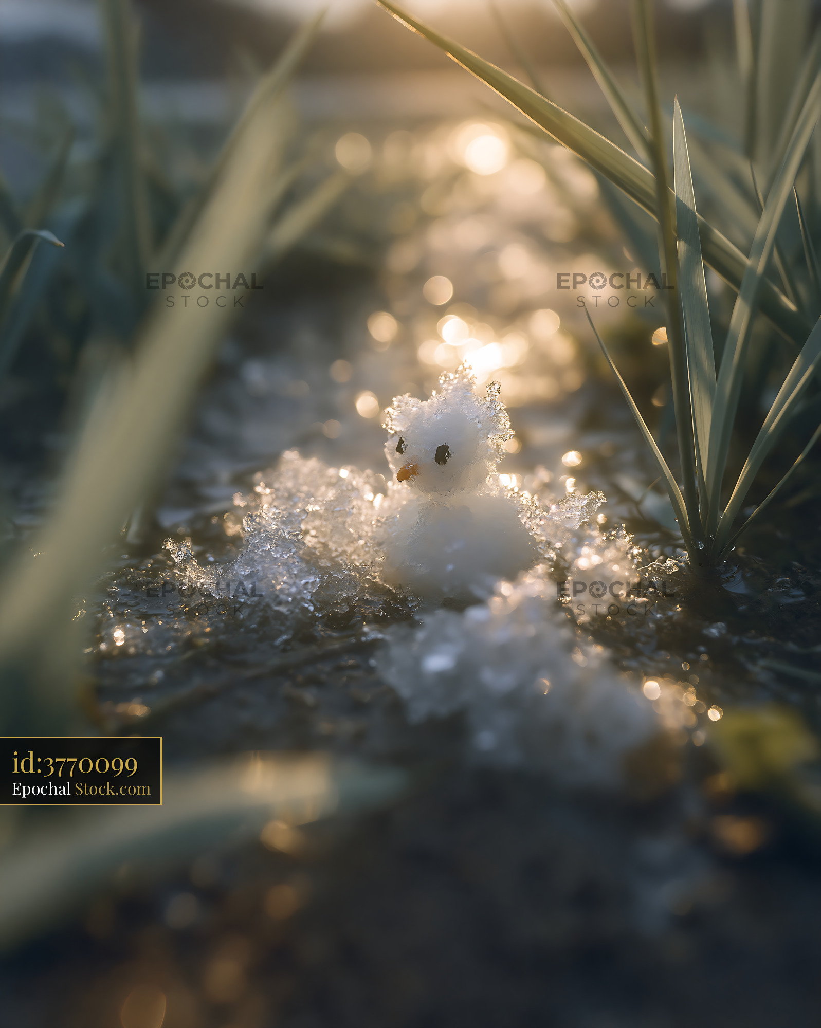 Tiny snowman melting in green grass under warm spring sun - stock photo