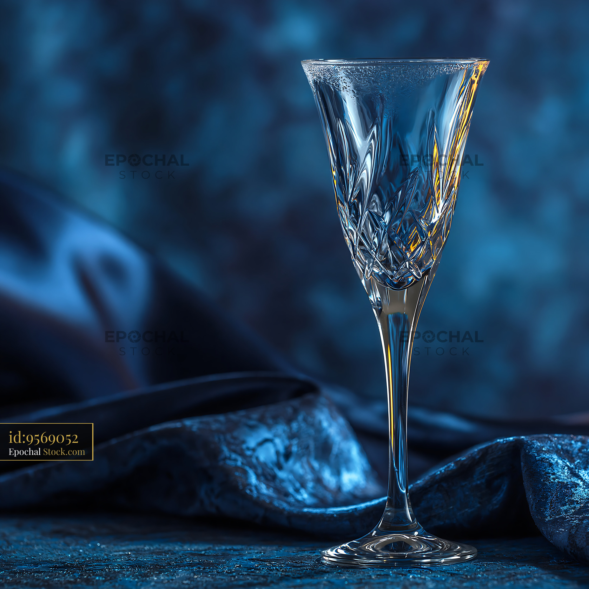 Elegant empty crystal champagne glass on draped blue fabric - stock photo