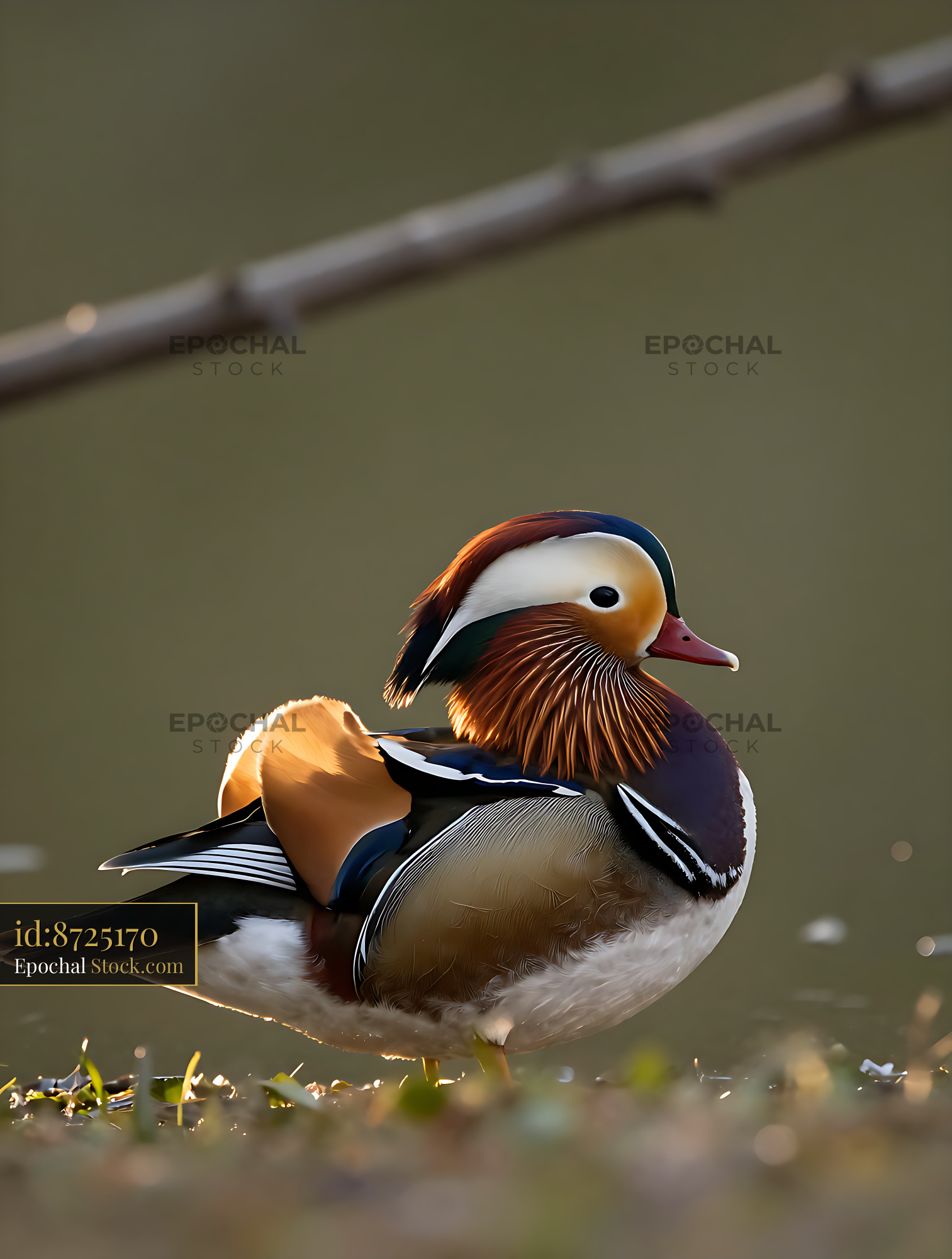 Male mandarin duck standing on a pond bank during golden hour - stock photo