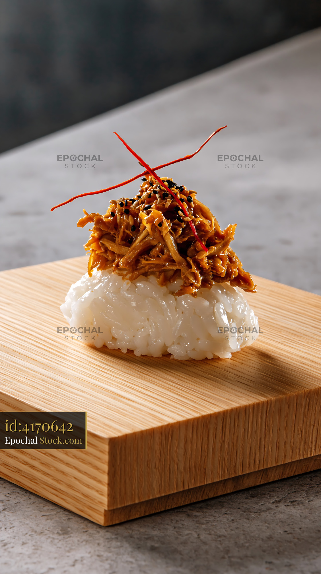 Vegan jackfruit nigiri sushi served on a traditional wooden block - stock photo