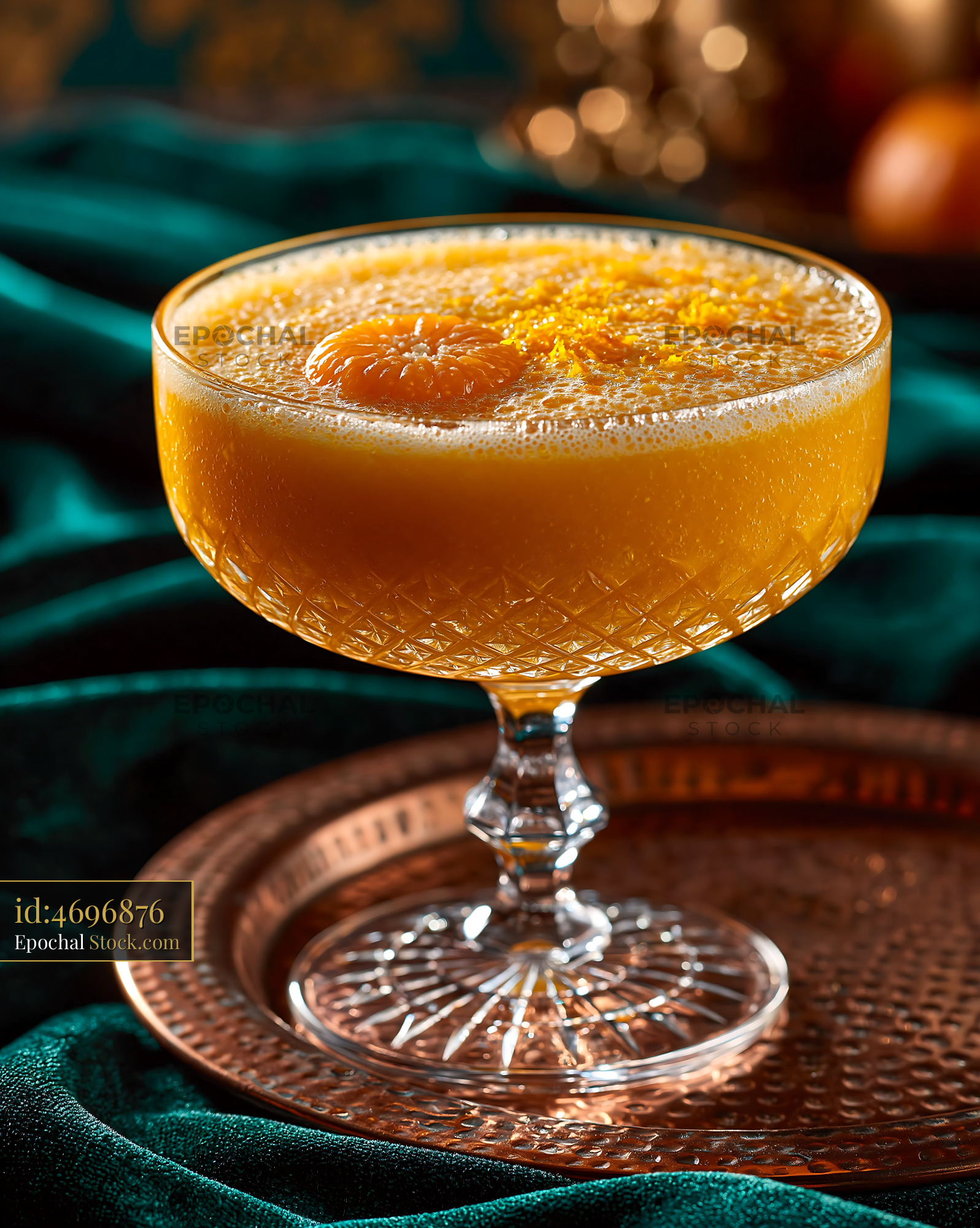 Mikan orange smoothie in a crystal glass on teal velvet - stock photo