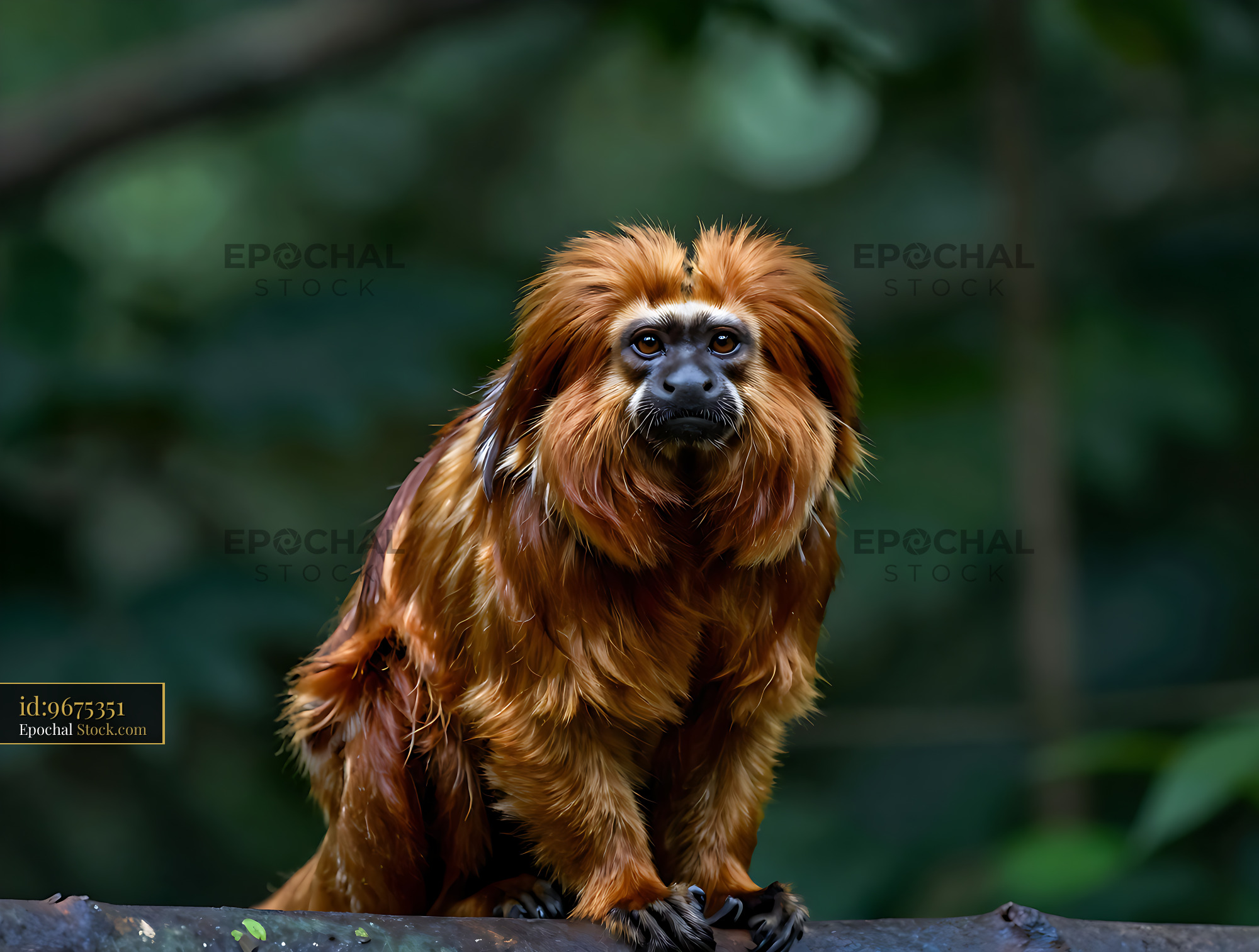 Golden lion tamarin with vibrant orange fur sitting in the jungle - stock photo