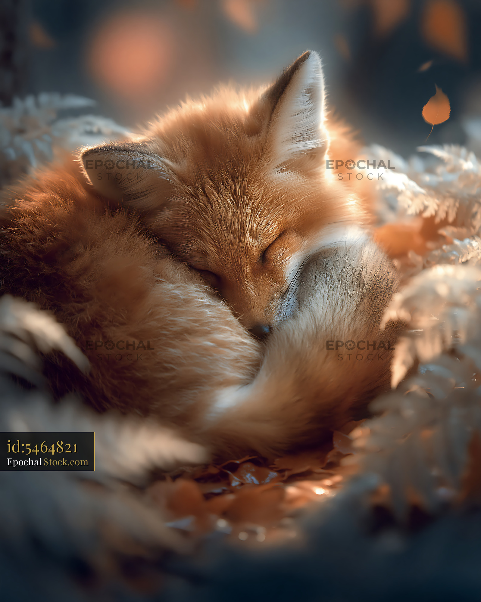 Red fox cub curled up sleeping peacefully in an autumn forest - stock photo