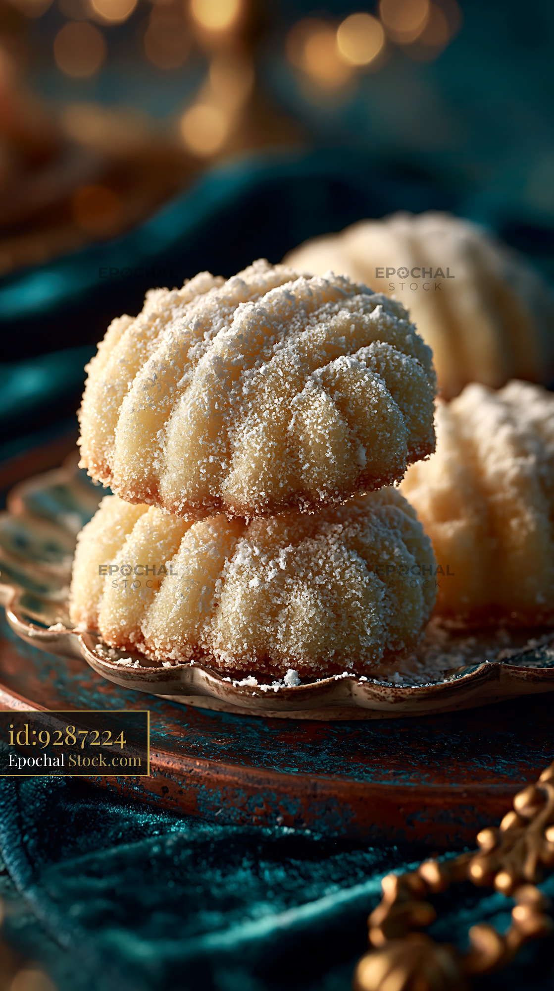 Stacked tahini date biscuits dusted with powdered sugar on a plate - stock photo