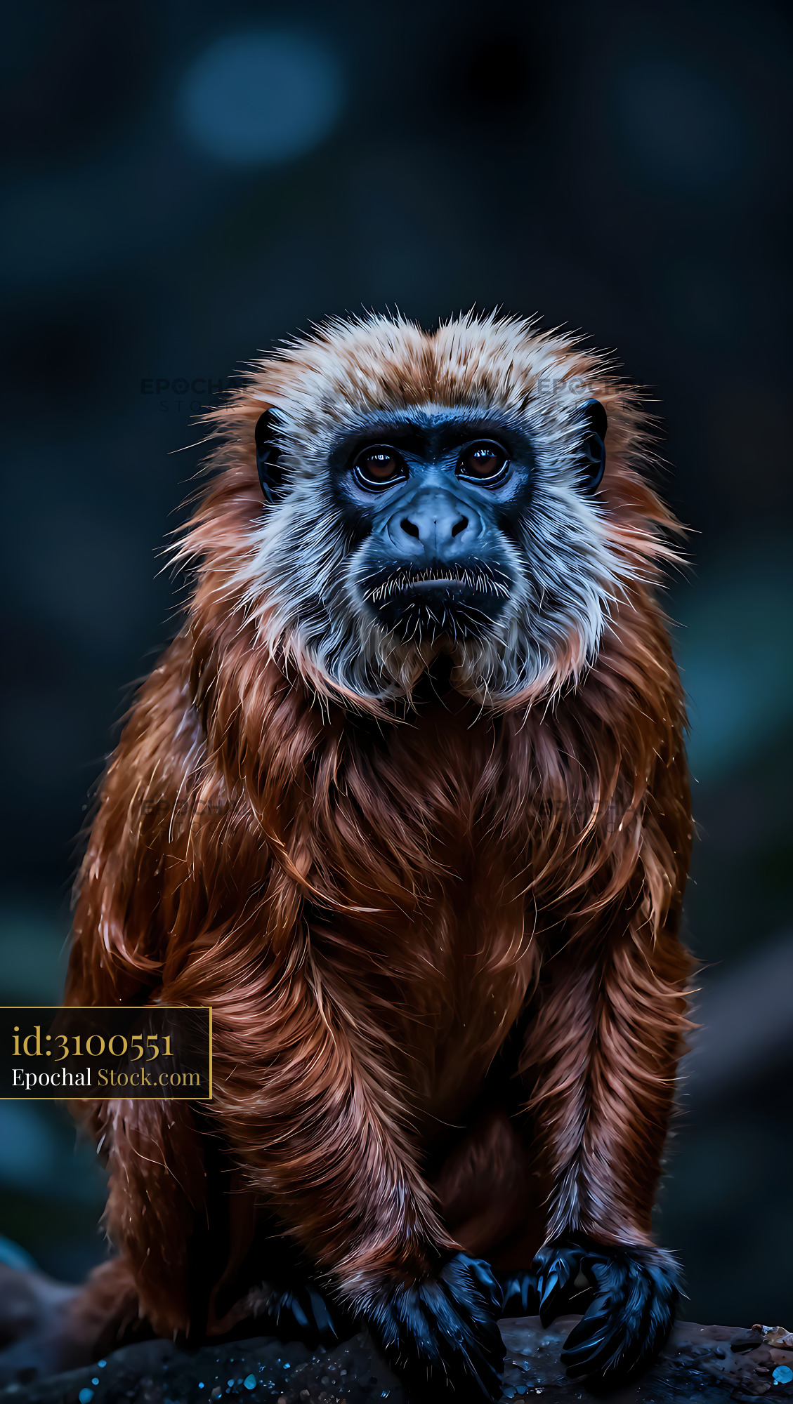 Uakari monkey with reddish brown fur and intense gaze in the wild - stock photo