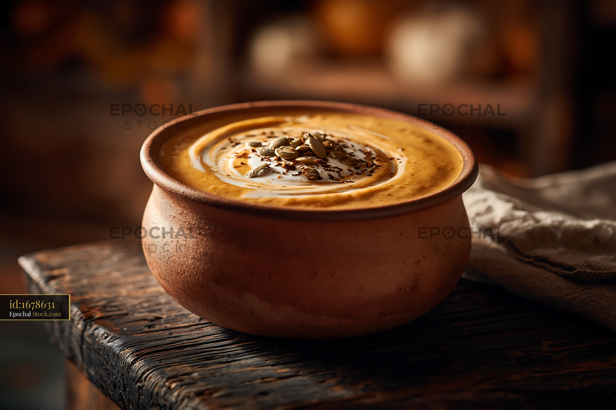 Creamy kabocha pumpkin smoothie bowl in a rustic terracotta pot - stock photo