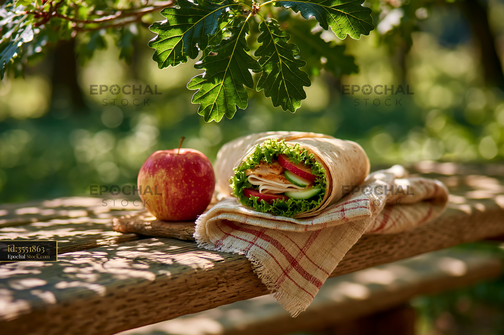 Fresh chicken wrap and red apple on a wooden park bench outdoors - stock photo