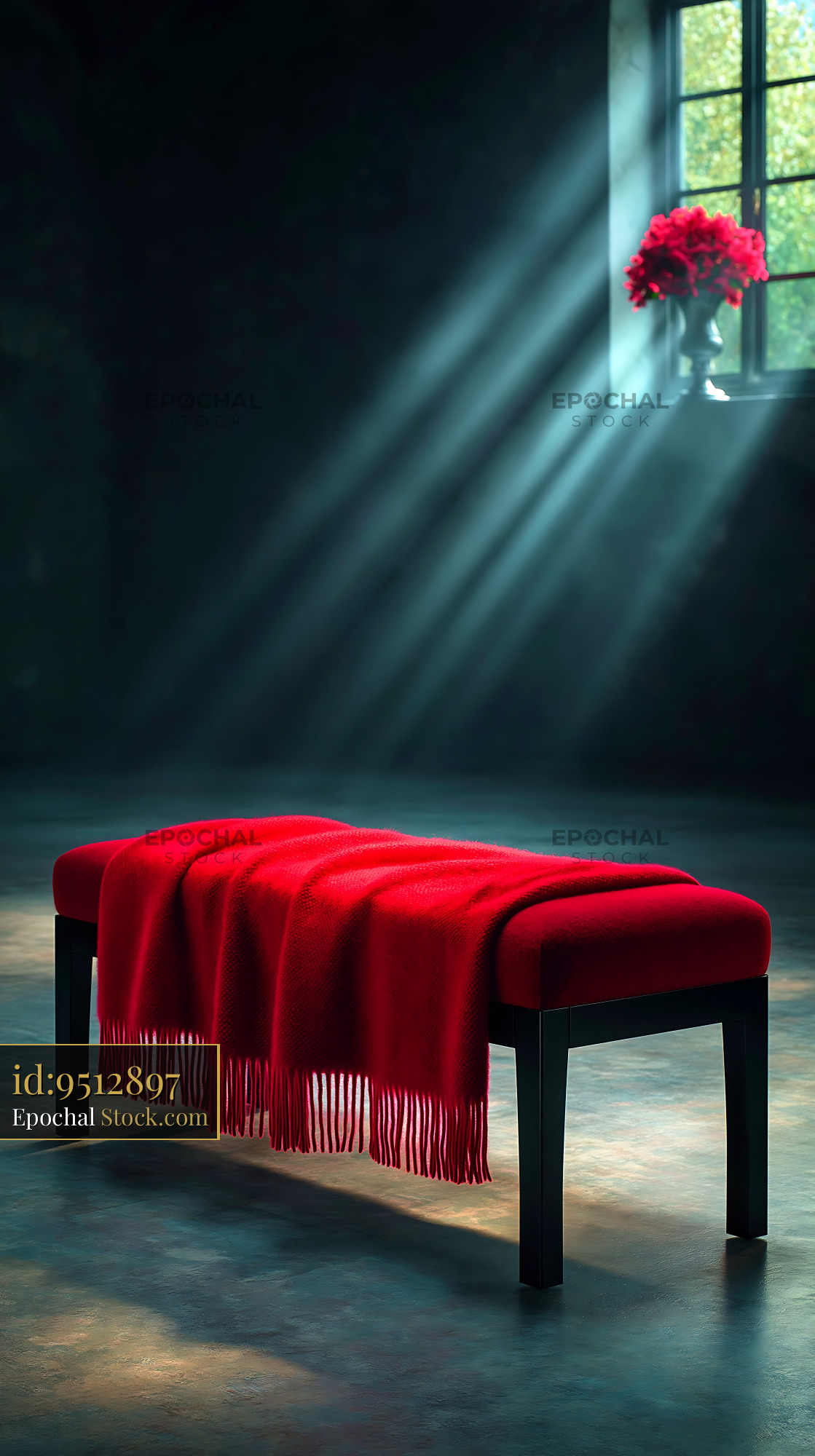 Red cottage garden bench with soft blanket under light rays - stock photo