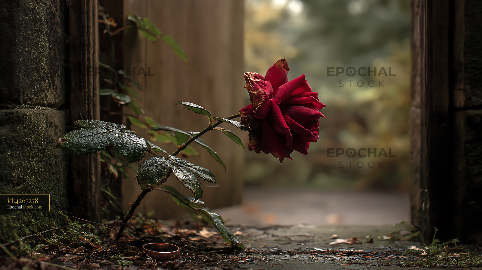 Wilted red rose at a weathered stone threshold during late summer - stock photo