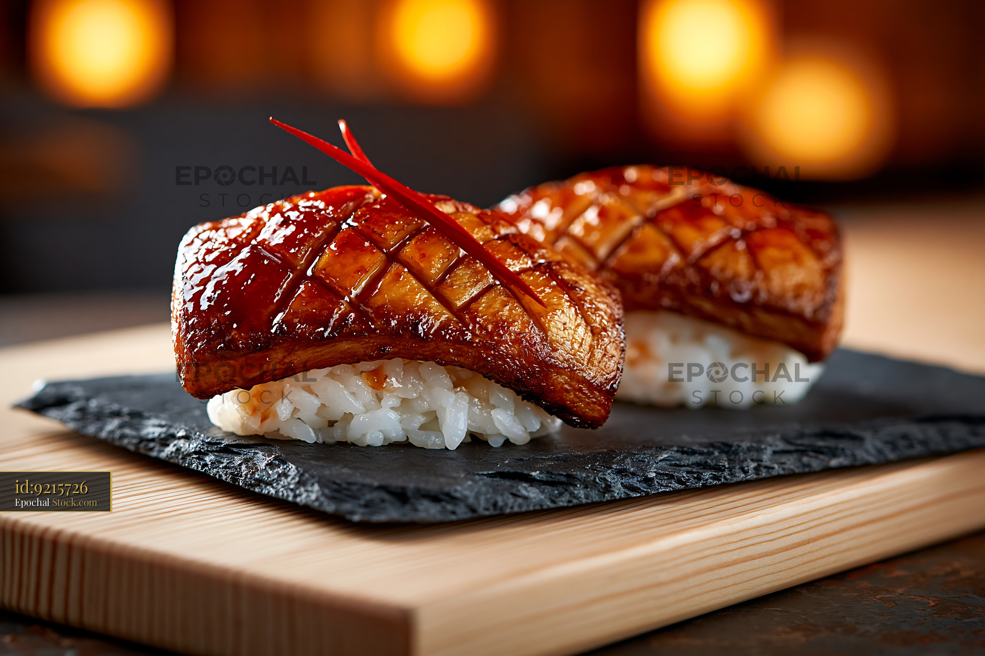 King oyster mushroom sushi nigiri with glazed cross-hatch texture - stock photo