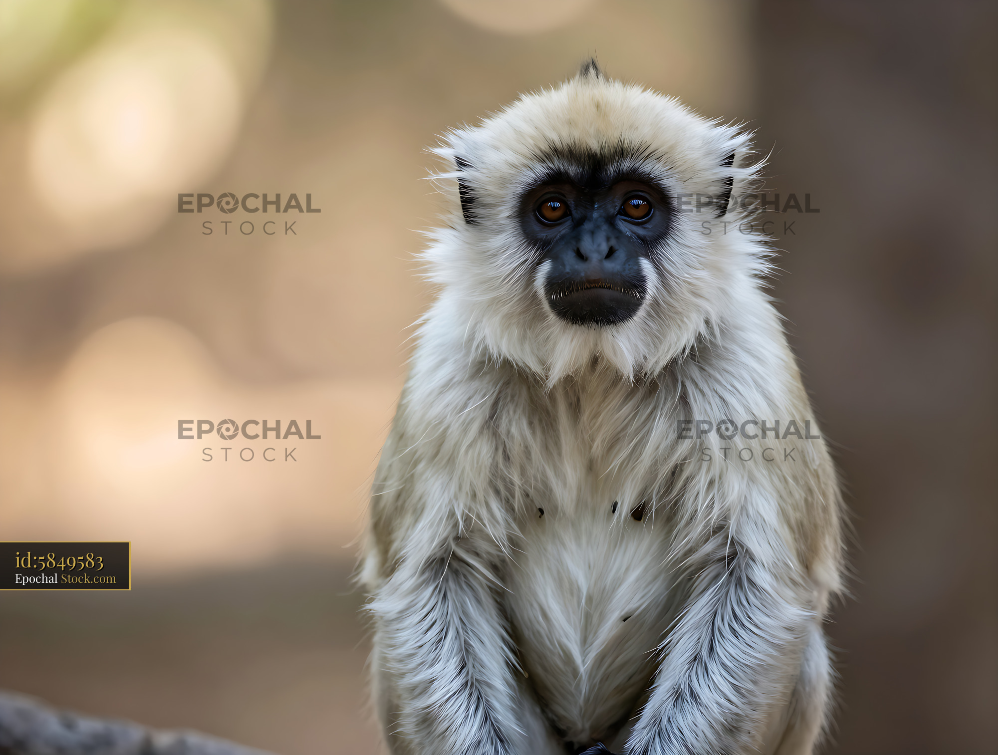 Colobus monkey with white fur sitting in soft natural light - stock photo