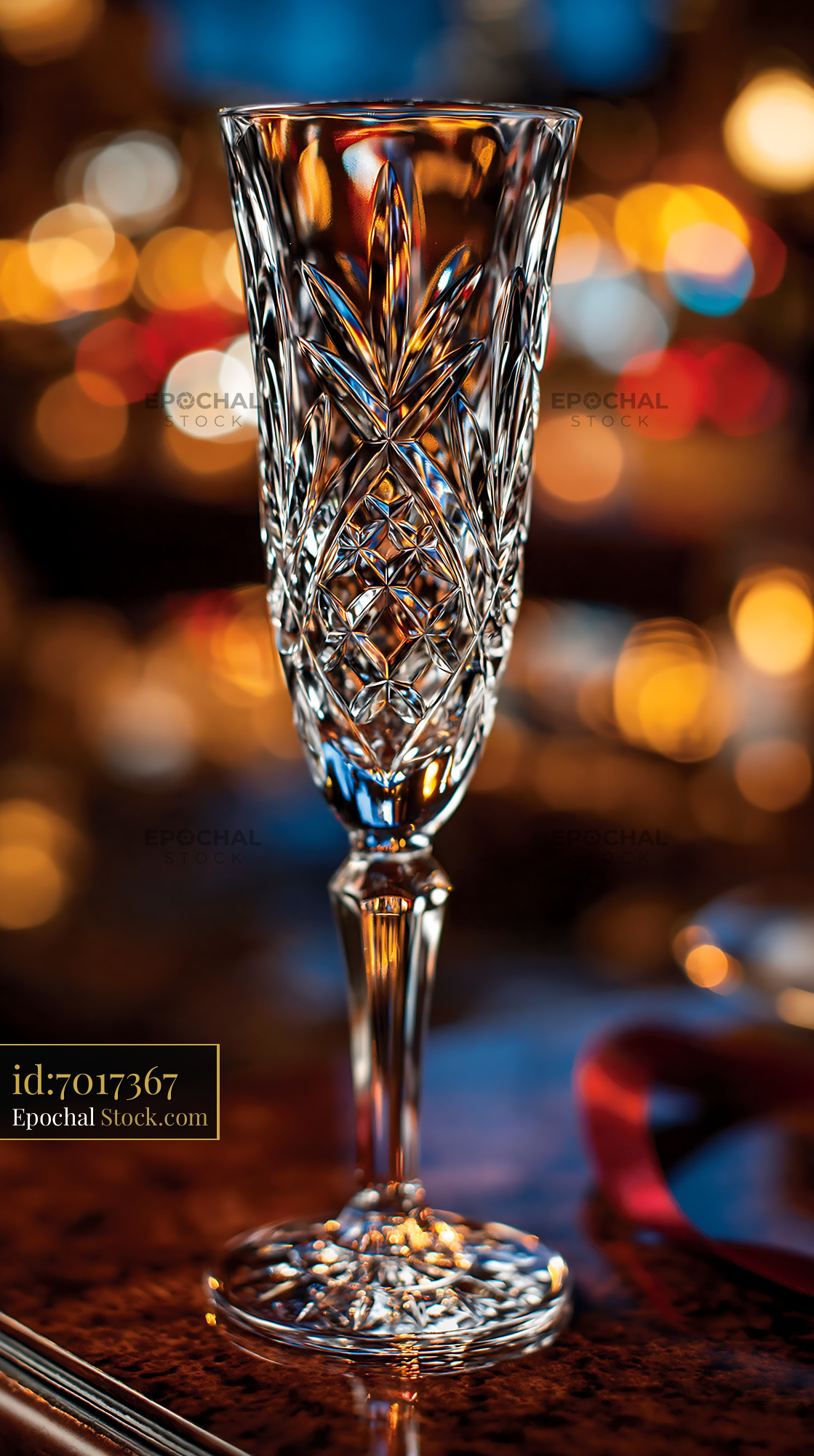 Empty crystal champagne flute against festive city lights at night - stock photo