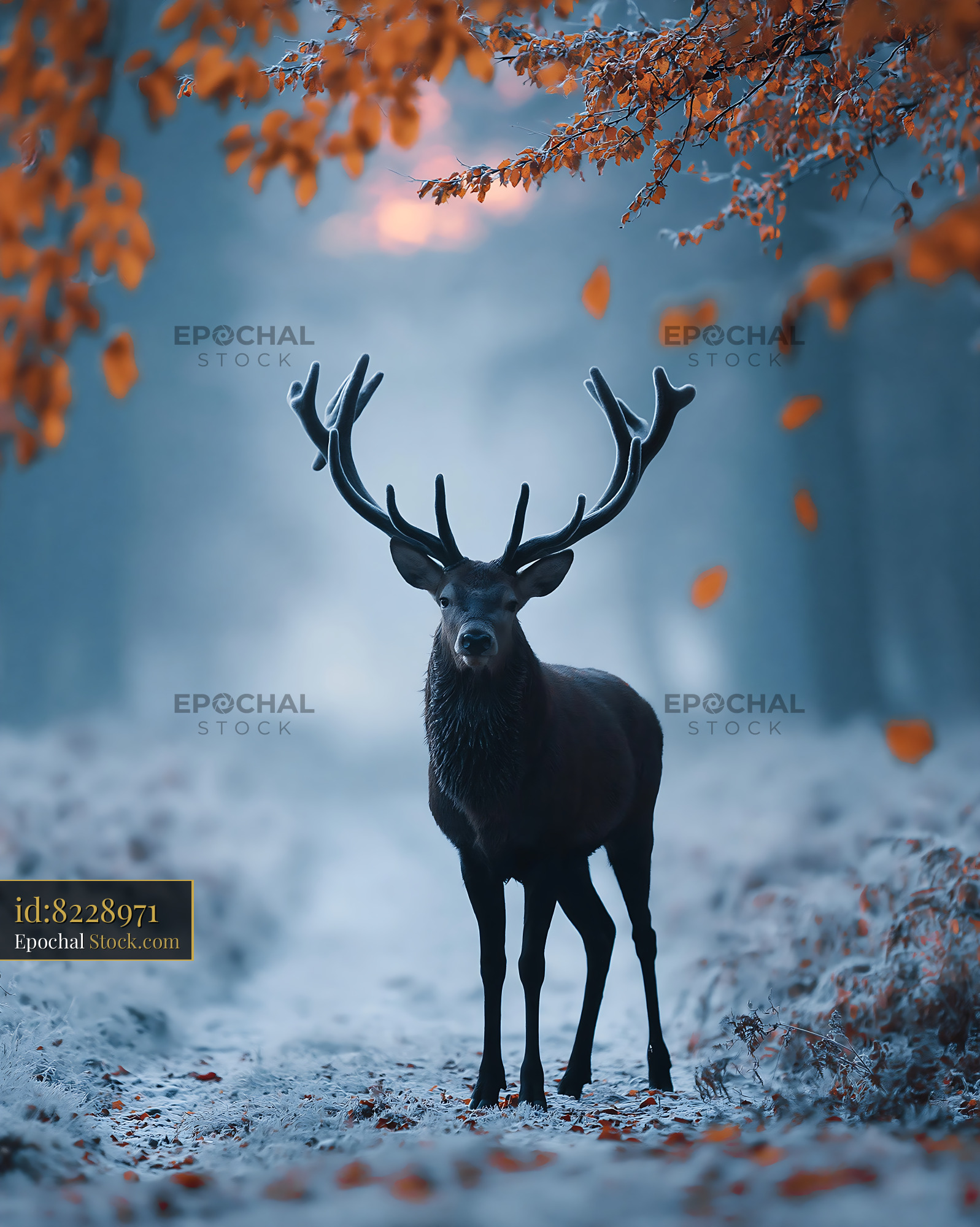 Majestic red deer stag in a misty autumn forest with orange leaves - stock photo