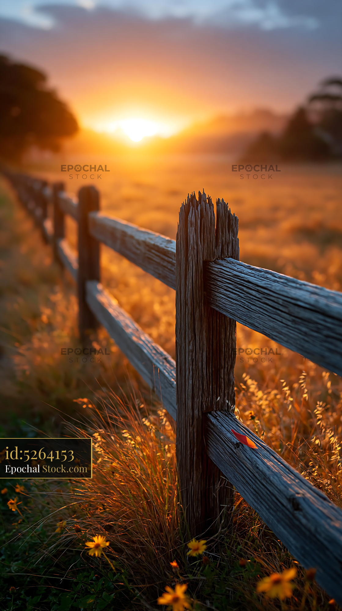 Rustic wooden fence in a sun-drenched meadow at sunrise - stock photo