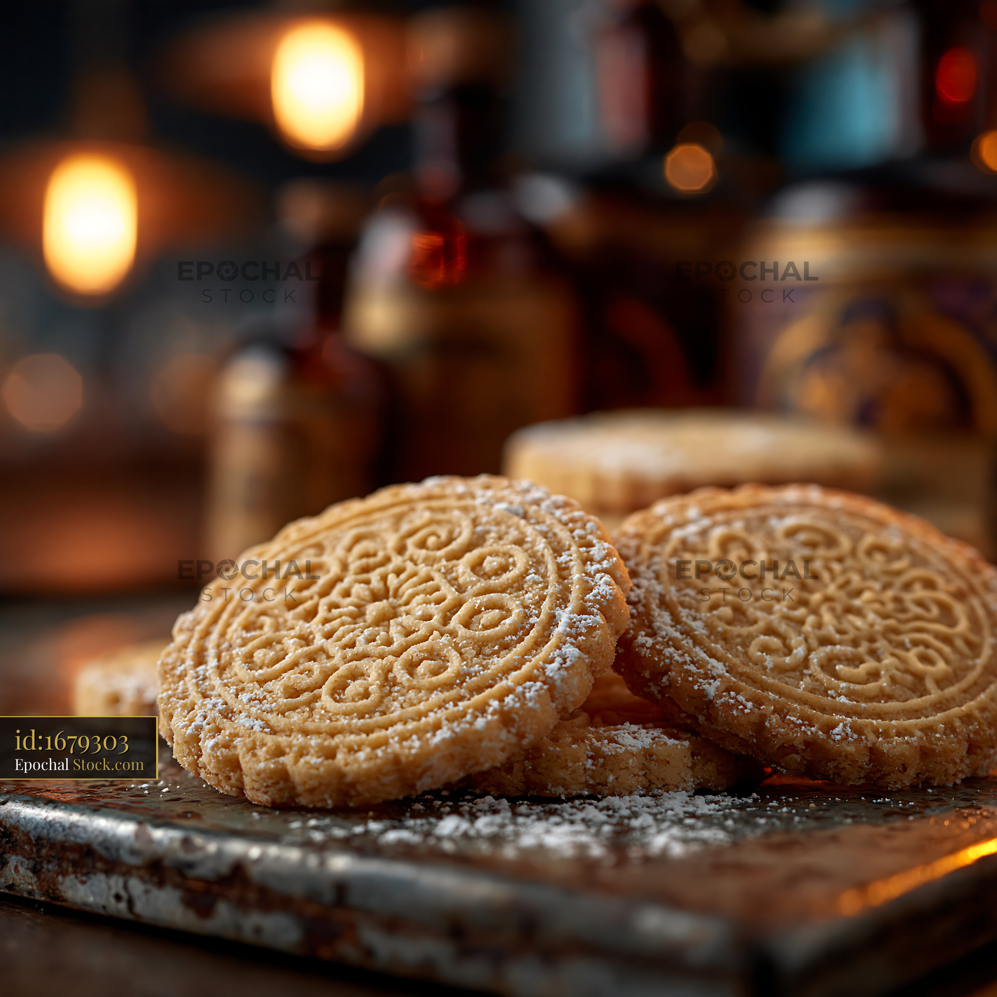 Intricately patterned mahlab spice biscuits dusted with sugar - stock photo