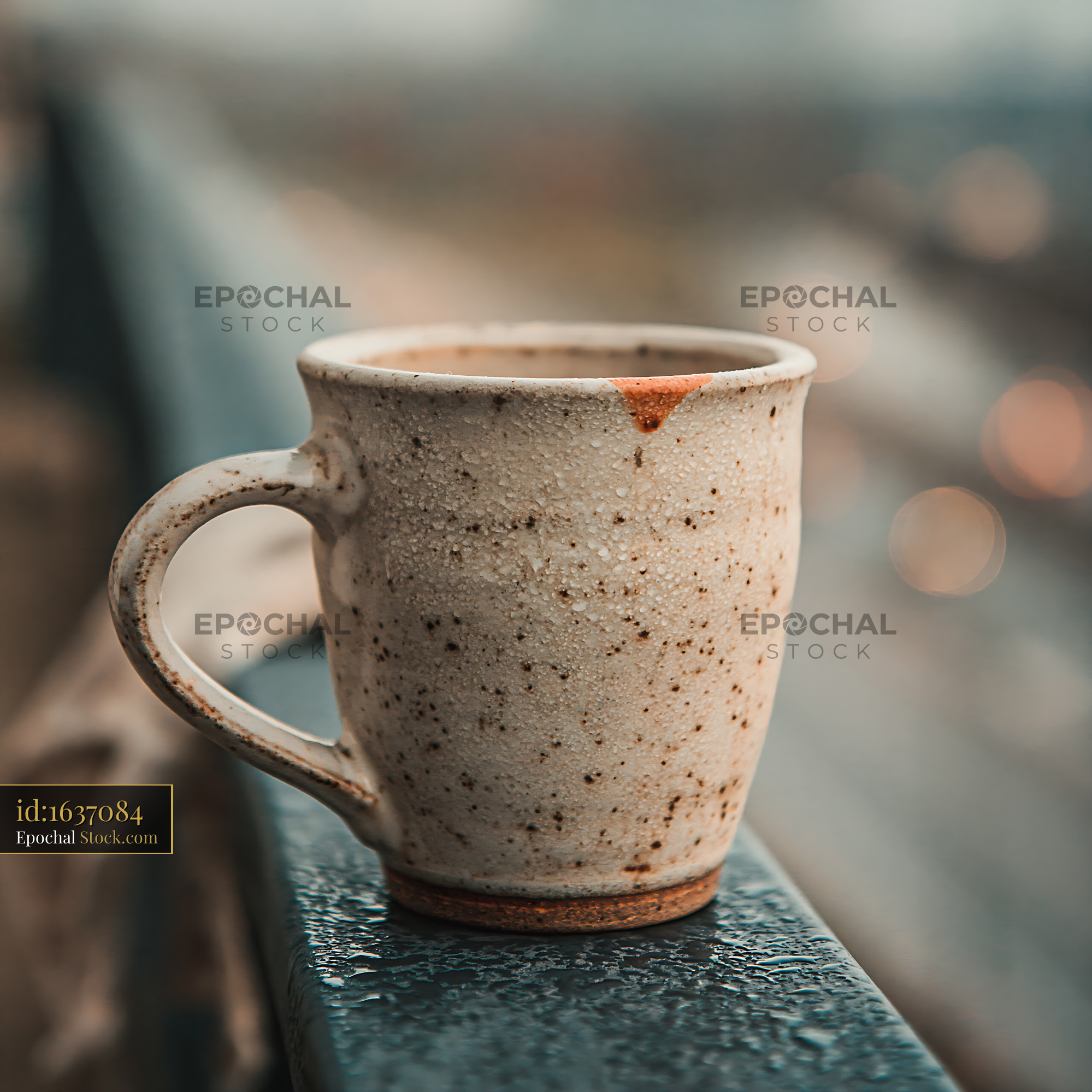 Ceramic coffee cup with lipstick stain on a wet balcony railing - stock photo
