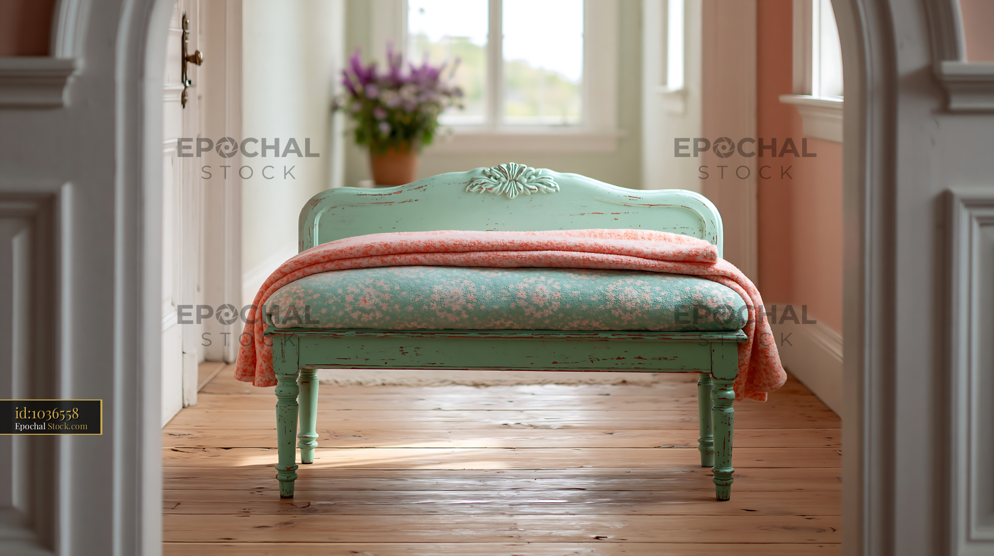 Vintage shabby chic bench with pink blanket in a bright hallway - stock photo