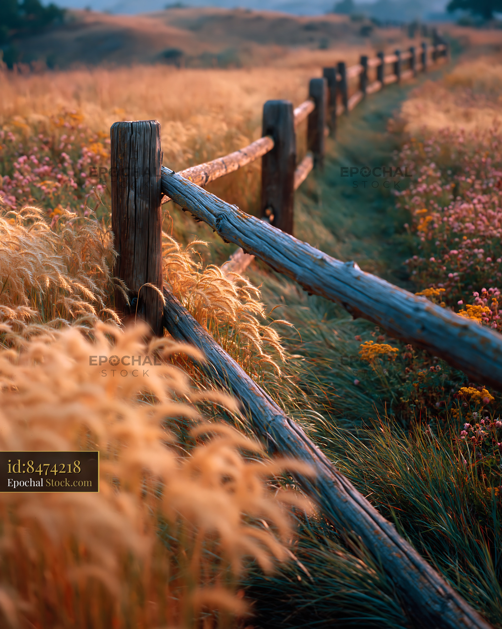 Rustic wooden fence in a meadow during golden hour - stock photo