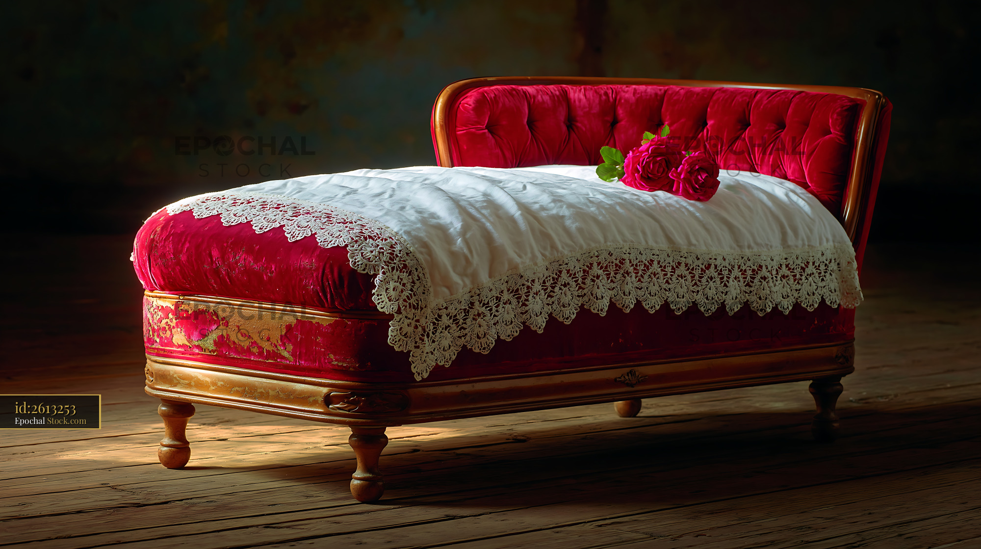 Vintage red velvet daybed with a shabby chic bench blanket and roses - stock photo